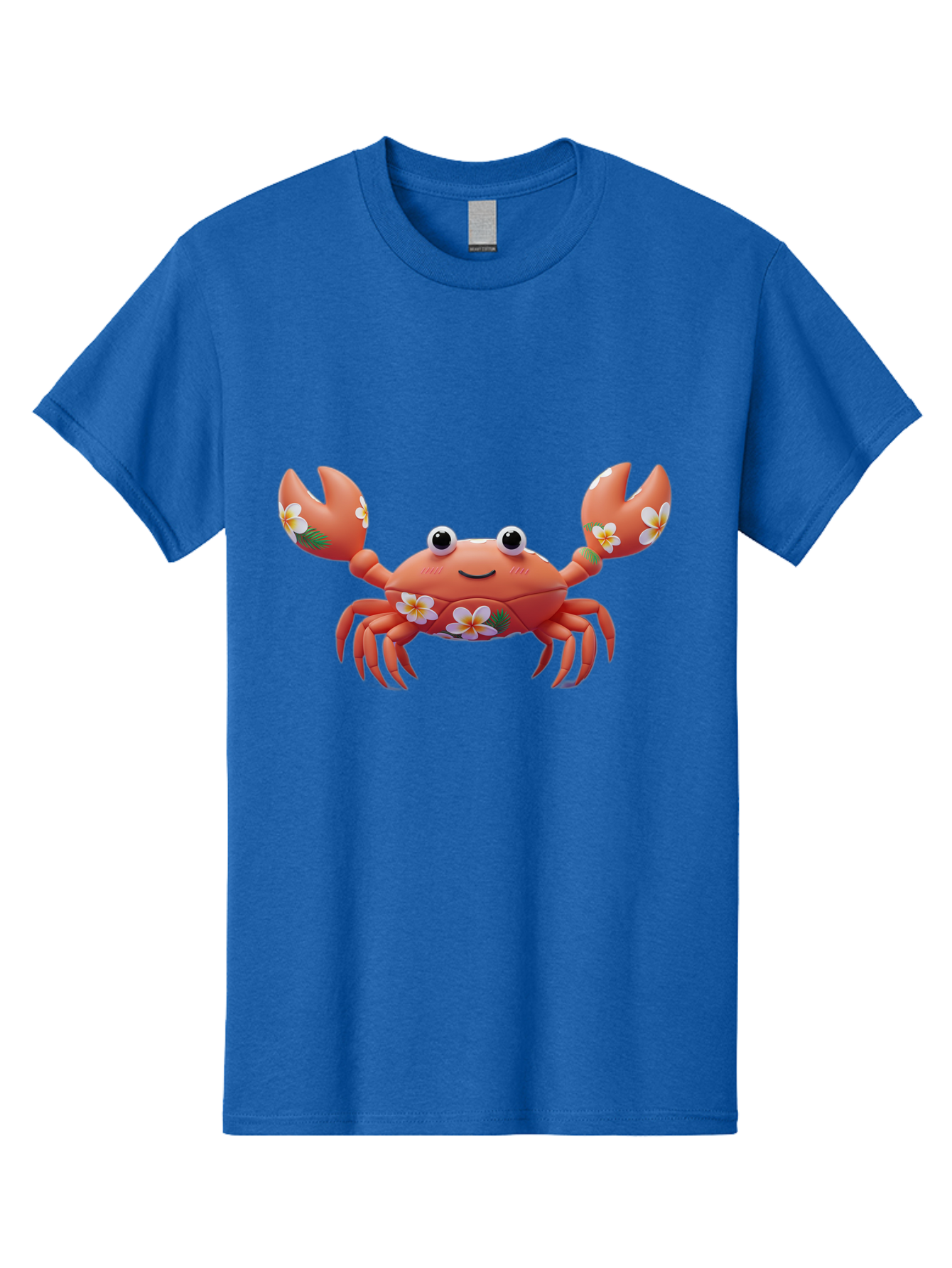 Crab-With-Flowers-1 Men'S Graphic Tee, 100% Cotton, Comfortable Casual Summer Wear, Machine Washable, Cartoon Crab, Floral Decoration, Orange Crustacean, Tropical Flowers, Smiling Face, Cute Design, Beach Theme, Island Vibes, Playful Character Bae164