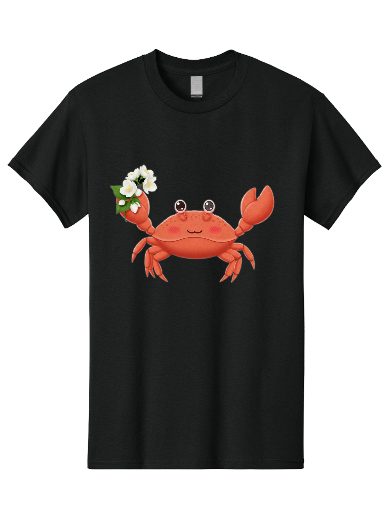 Crab-With-Flowers-2 Men'S Graphic Tee, 100% Cotton, Comfortable Casual Summer Wear, Machine Washable, Cartoon Crab, Pink Crustacean, White Flowers, Green Leaves, Playful Character, Cute Illustration, Kawaii Art, Smiling Crab, Floral Claw, Bae165