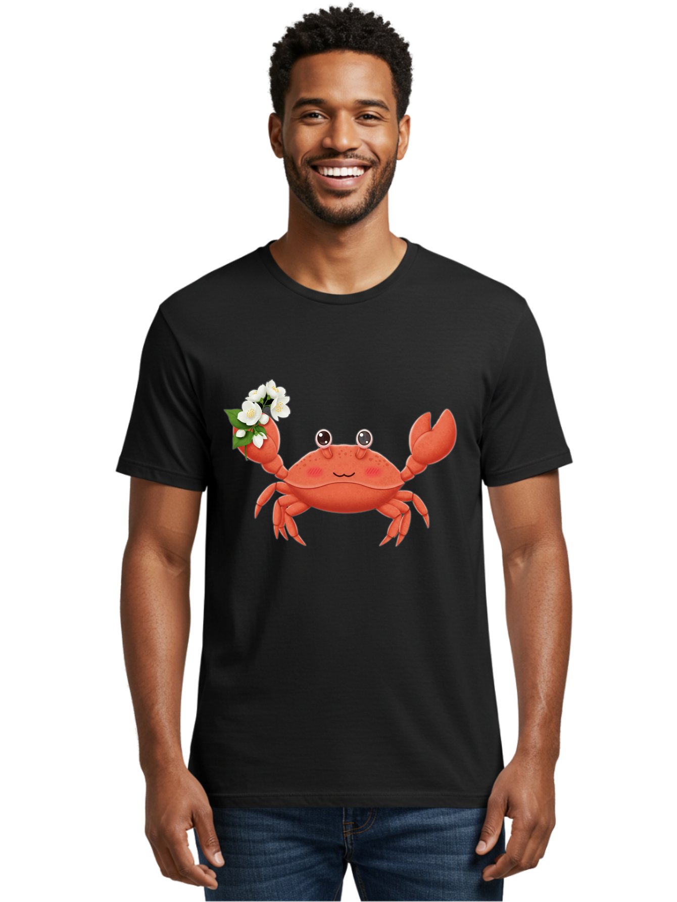 Crab-With-Flowers-2 Men'S Graphic Tee, 100% Cotton, Comfortable Casual Summer Wear, Machine Washable, Cartoon Crab, Pink Crustacean, White Flowers, Green Leaves, Playful Character, Cute Illustration, Kawaii Art, Smiling Crab, Floral Claw, Bae165