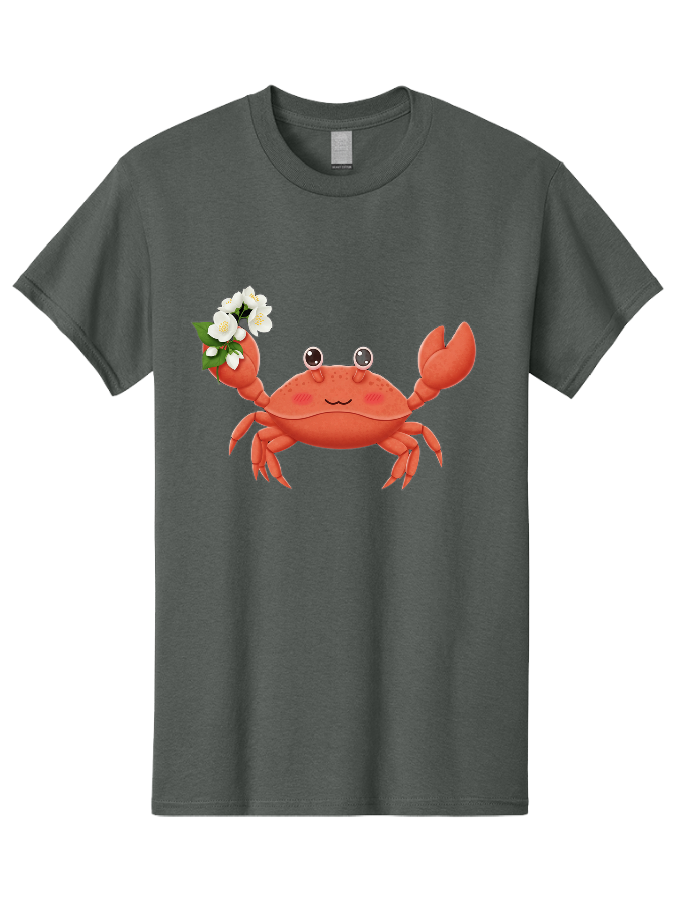 Crab-With-Flowers-2 Men'S Graphic Tee, 100% Cotton, Comfortable Casual Summer Wear, Machine Washable, Cartoon Crab, Pink Crustacean, White Flowers, Green Leaves, Playful Character, Cute Illustration, Kawaii Art, Smiling Crab, Floral Claw, Bae165