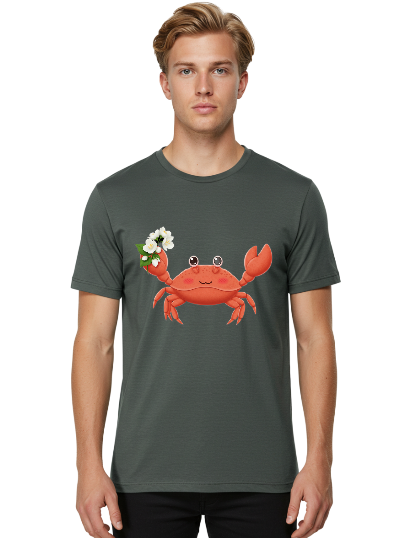 Crab-With-Flowers-2 Men'S Graphic Tee, 100% Cotton, Comfortable Casual Summer Wear, Machine Washable, Cartoon Crab, Pink Crustacean, White Flowers, Green Leaves, Playful Character, Cute Illustration, Kawaii Art, Smiling Crab, Floral Claw, Bae165