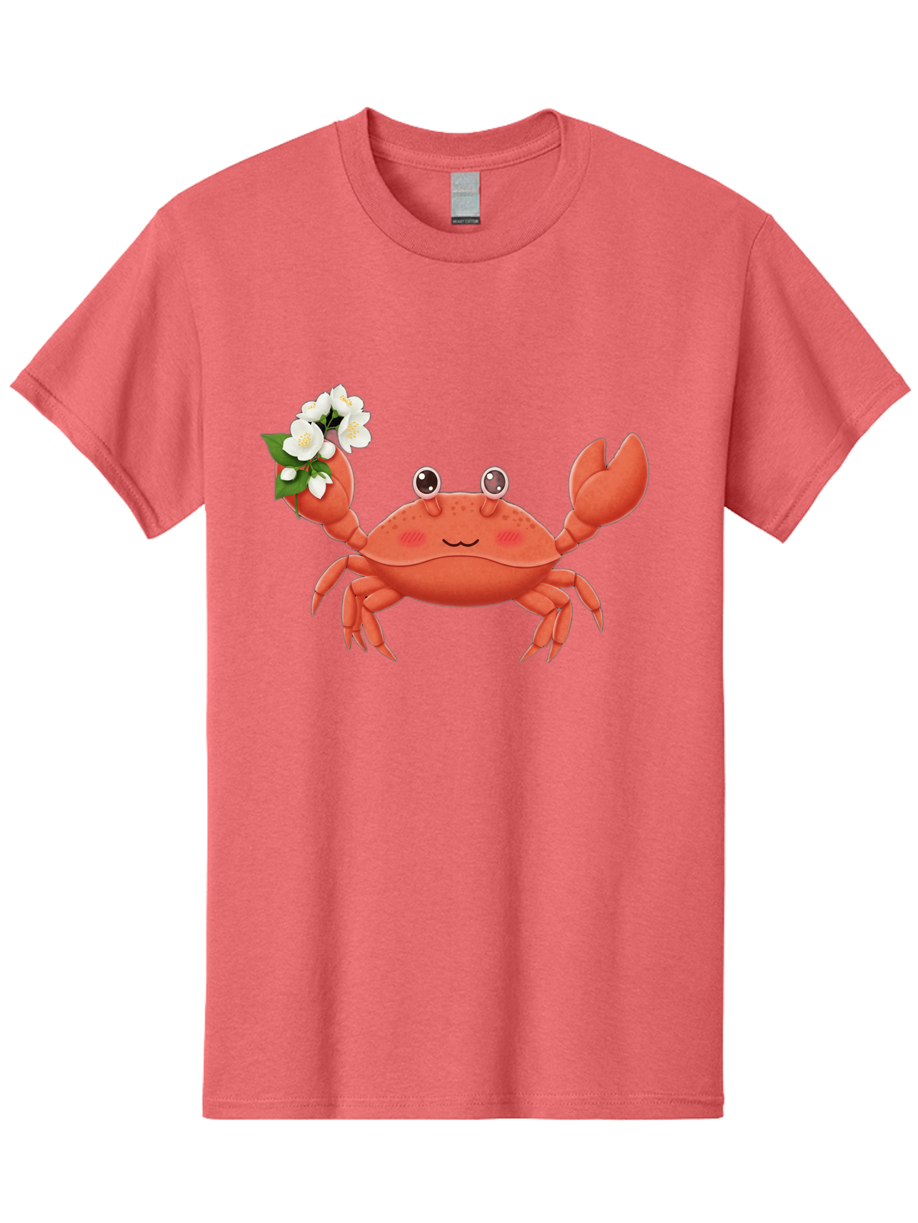 Crab-With-Flowers-2 Men'S Graphic Tee, 100% Cotton, Comfortable Casual Summer Wear, Machine Washable, Cartoon Crab, Pink Crustacean, White Flowers, Green Leaves, Playful Character, Cute Illustration, Kawaii Art, Smiling Crab, Floral Claw, Bae165