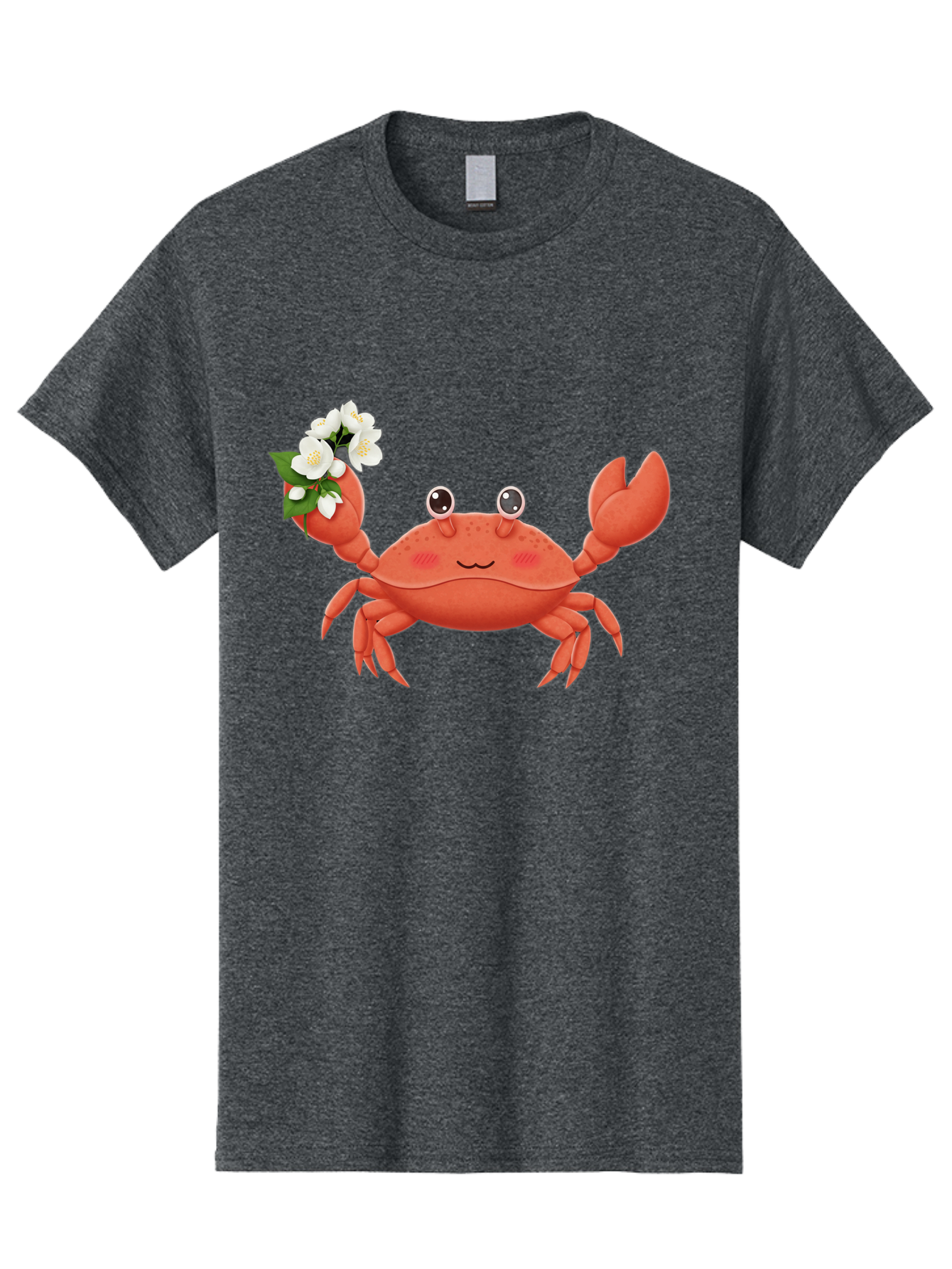 Crab-With-Flowers-2 Men'S Graphic Tee, 100% Cotton, Comfortable Casual Summer Wear, Machine Washable, Cartoon Crab, Pink Crustacean, White Flowers, Green Leaves, Playful Character, Cute Illustration, Kawaii Art, Smiling Crab, Floral Claw, Bae165