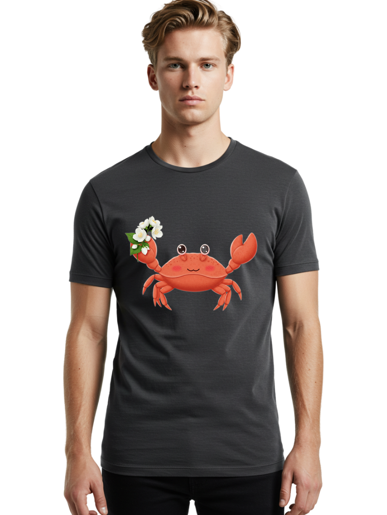 Crab-With-Flowers-2 Men'S Graphic Tee, 100% Cotton, Comfortable Casual Summer Wear, Machine Washable, Cartoon Crab, Pink Crustacean, White Flowers, Green Leaves, Playful Character, Cute Illustration, Kawaii Art, Smiling Crab, Floral Claw, Bae165