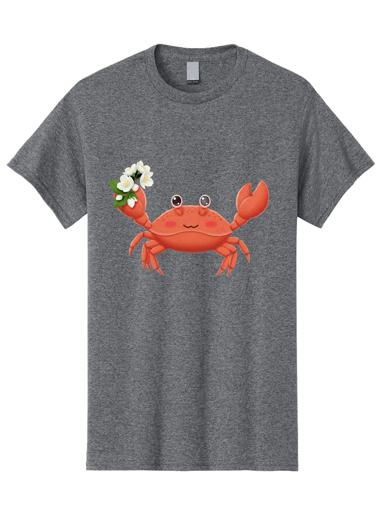 Crab-With-Flowers-2 Men'S Graphic Tee, 100% Cotton, Comfortable Casual Summer Wear, Machine Washable, Cartoon Crab, Pink Crustacean, White Flowers, Green Leaves, Playful Character, Cute Illustration, Kawaii Art, Smiling Crab, Floral Claw, Bae165