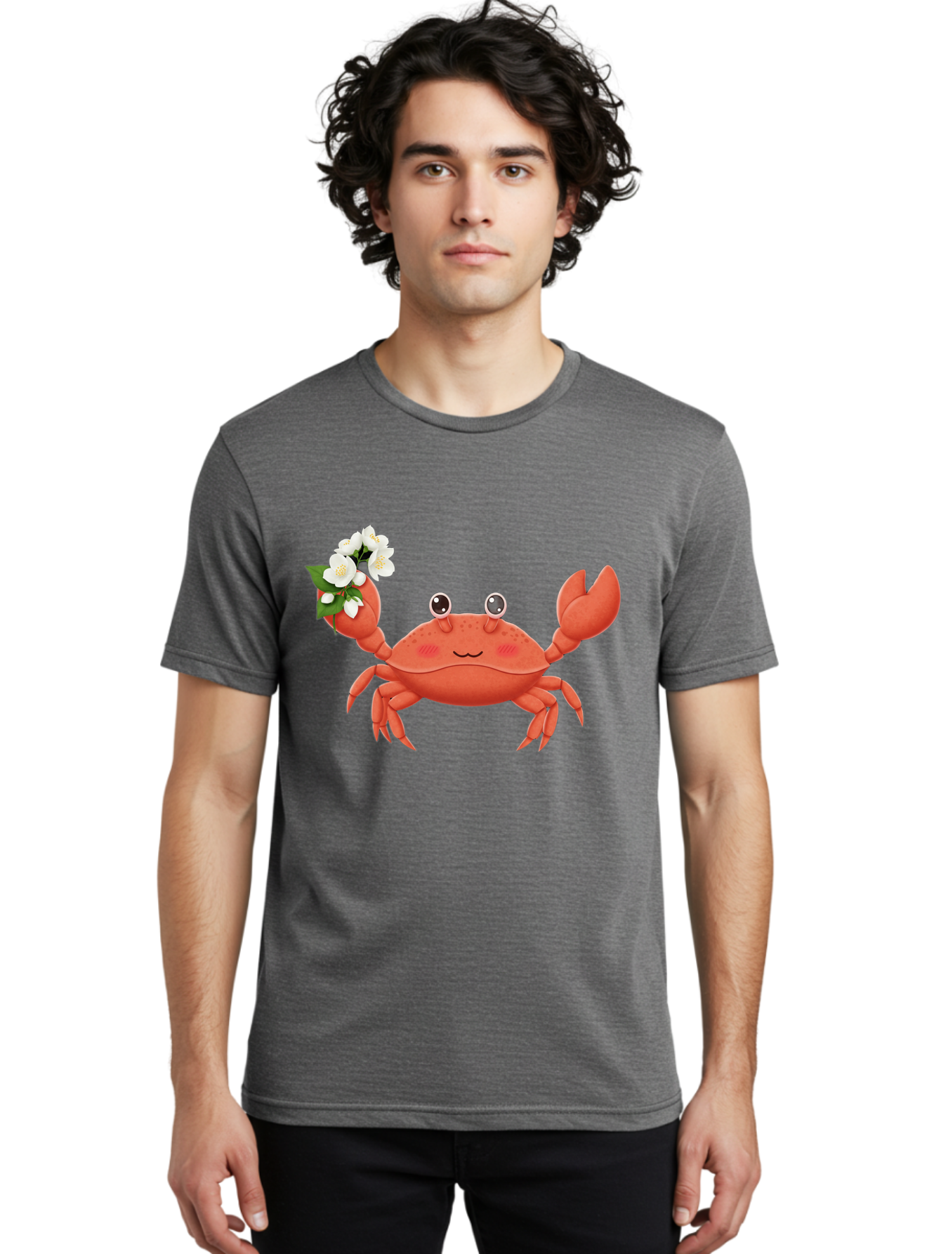 Crab-With-Flowers-2 Men'S Graphic Tee, 100% Cotton, Comfortable Casual Summer Wear, Machine Washable, Cartoon Crab, Pink Crustacean, White Flowers, Green Leaves, Playful Character, Cute Illustration, Kawaii Art, Smiling Crab, Floral Claw, Bae165