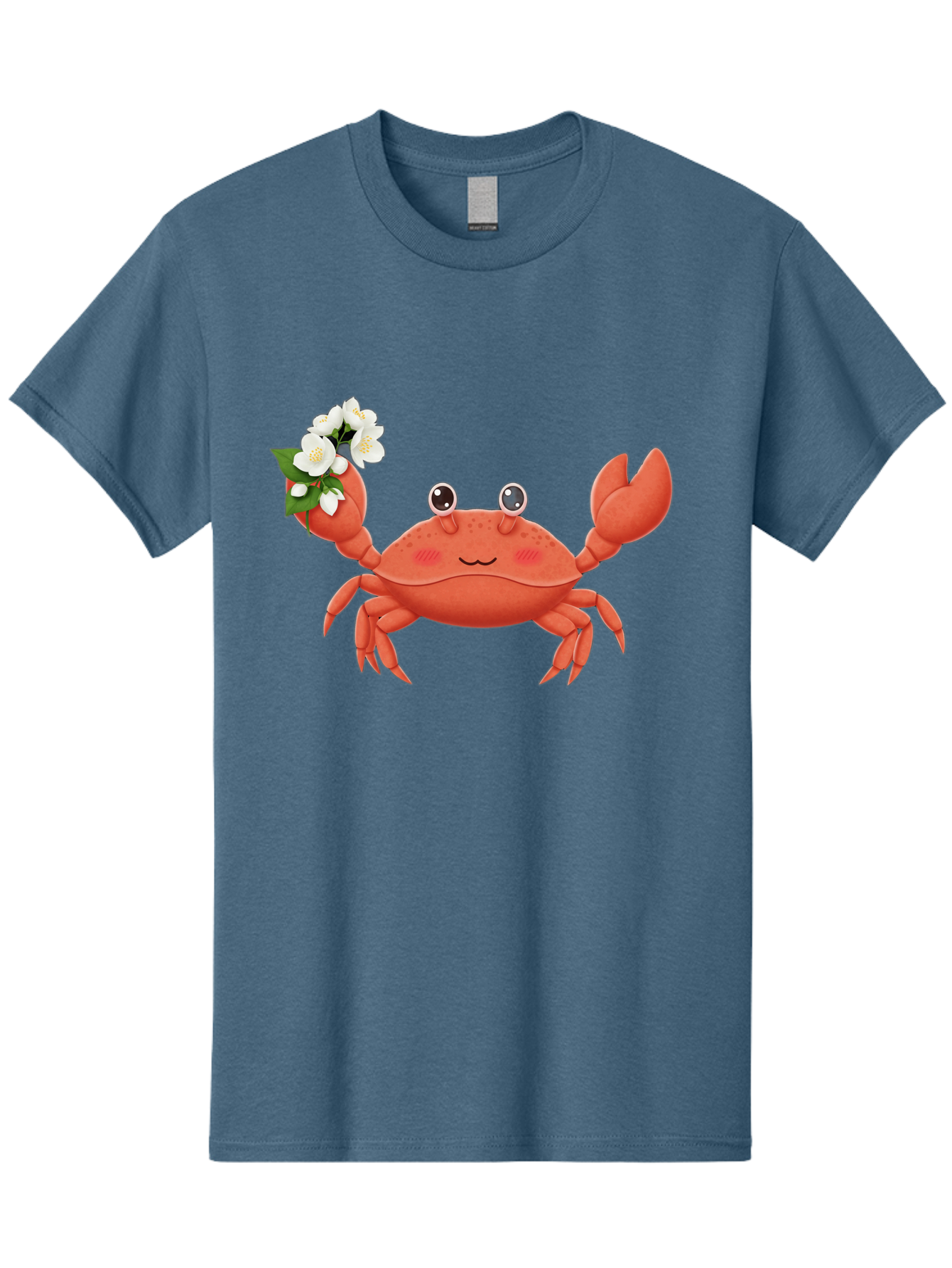 Crab-With-Flowers-2 Men'S Graphic Tee, 100% Cotton, Comfortable Casual Summer Wear, Machine Washable, Cartoon Crab, Pink Crustacean, White Flowers, Green Leaves, Playful Character, Cute Illustration, Kawaii Art, Smiling Crab, Floral Claw, Bae165