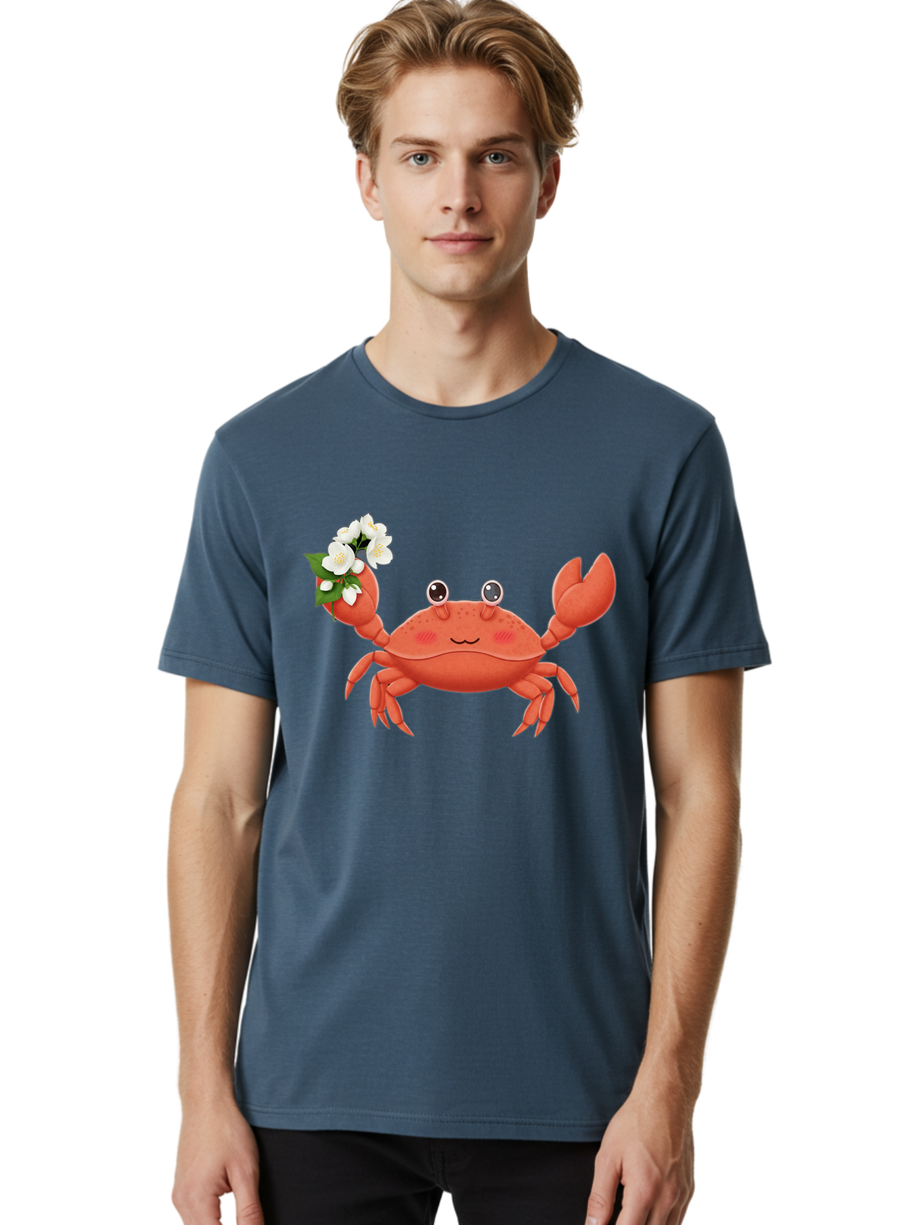 Crab-With-Flowers-2 Men'S Graphic Tee, 100% Cotton, Comfortable Casual Summer Wear, Machine Washable, Cartoon Crab, Pink Crustacean, White Flowers, Green Leaves, Playful Character, Cute Illustration, Kawaii Art, Smiling Crab, Floral Claw, Bae165