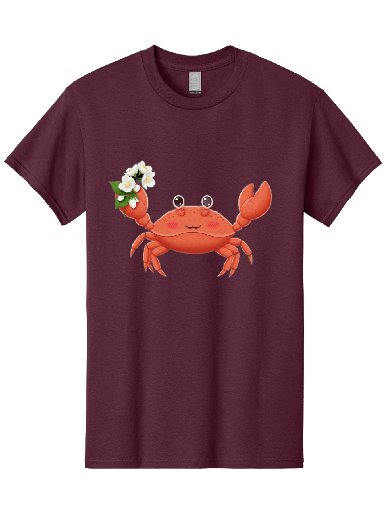 Crab-With-Flowers-2 Men'S Graphic Tee, 100% Cotton, Comfortable Casual Summer Wear, Machine Washable, Cartoon Crab, Pink Crustacean, White Flowers, Green Leaves, Playful Character, Cute Illustration, Kawaii Art, Smiling Crab, Floral Claw, Bae165