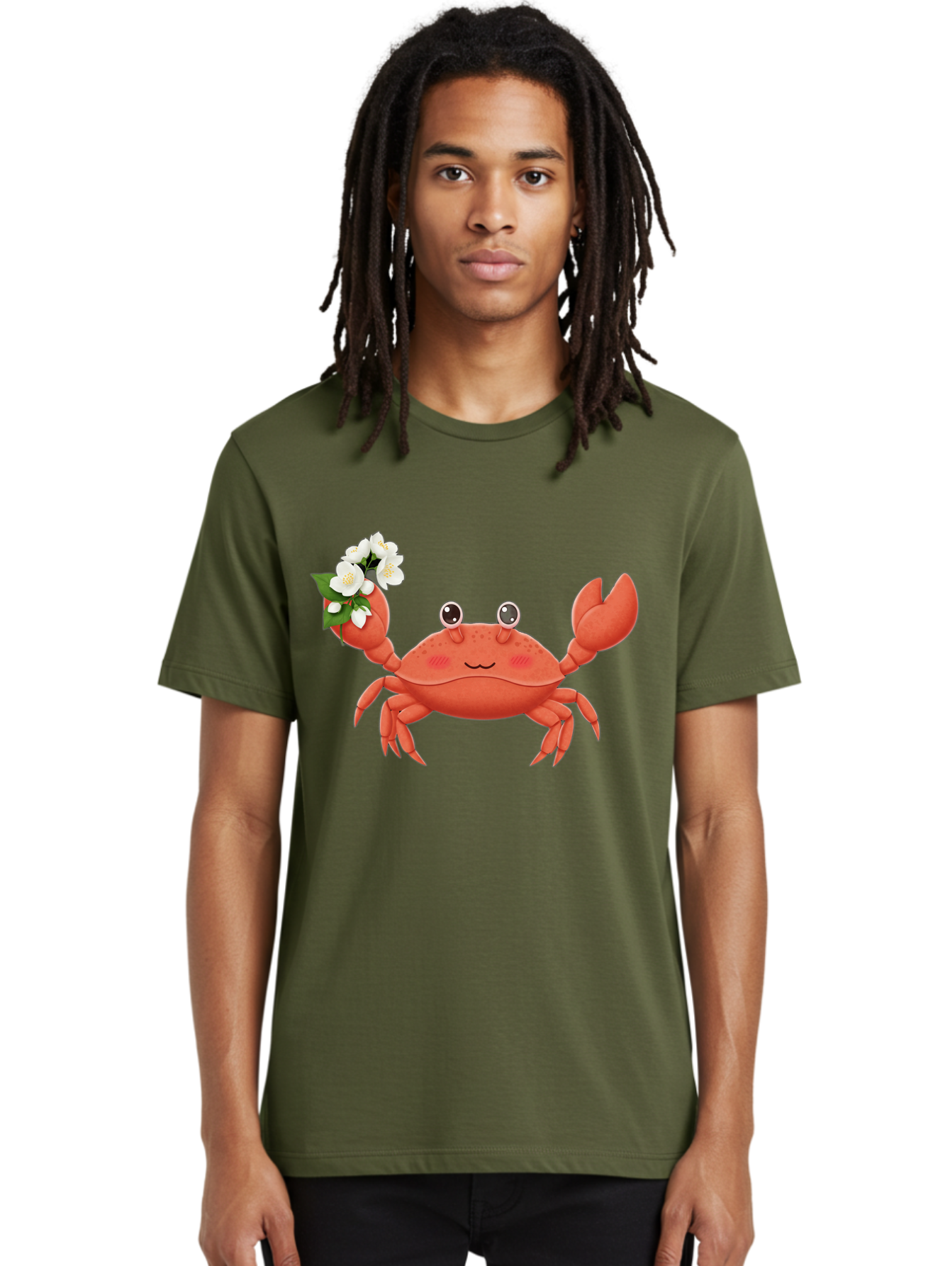 Crab-With-Flowers-2 Men'S Graphic Tee, 100% Cotton, Comfortable Casual Summer Wear, Machine Washable, Cartoon Crab, Pink Crustacean, White Flowers, Green Leaves, Playful Character, Cute Illustration, Kawaii Art, Smiling Crab, Floral Claw, Bae165