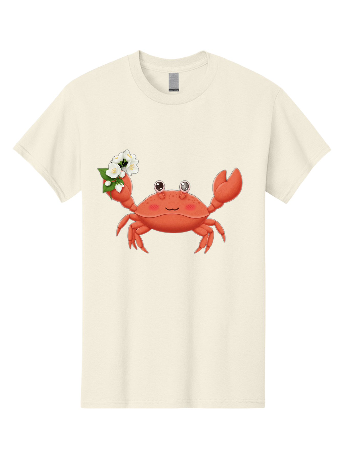 Crab-With-Flowers-2 Men'S Graphic Tee, 100% Cotton, Comfortable Casual Summer Wear, Machine Washable, Cartoon Crab, Pink Crustacean, White Flowers, Green Leaves, Playful Character, Cute Illustration, Kawaii Art, Smiling Crab, Floral Claw, Bae165