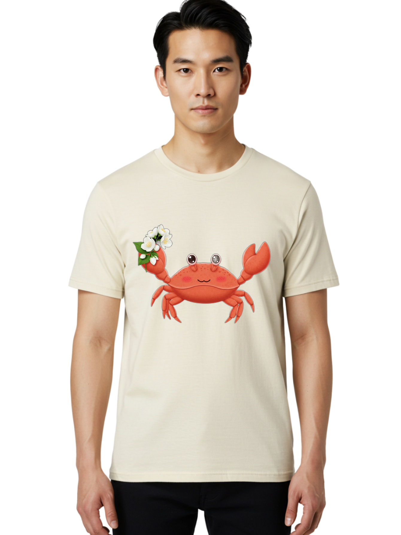 Crab-With-Flowers-2 Men'S Graphic Tee, 100% Cotton, Comfortable Casual Summer Wear, Machine Washable, Cartoon Crab, Pink Crustacean, White Flowers, Green Leaves, Playful Character, Cute Illustration, Kawaii Art, Smiling Crab, Floral Claw, Bae165