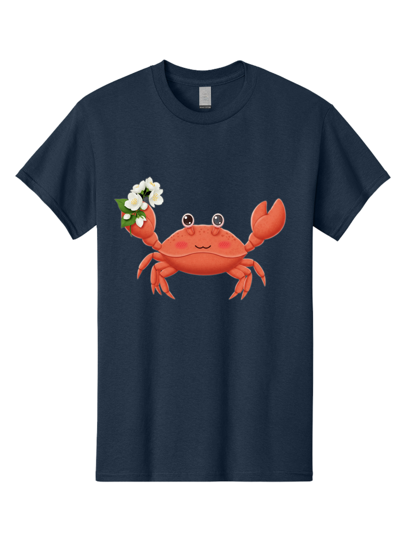 Crab-With-Flowers-2 Men'S Graphic Tee, 100% Cotton, Comfortable Casual Summer Wear, Machine Washable, Cartoon Crab, Pink Crustacean, White Flowers, Green Leaves, Playful Character, Cute Illustration, Kawaii Art, Smiling Crab, Floral Claw, Bae165