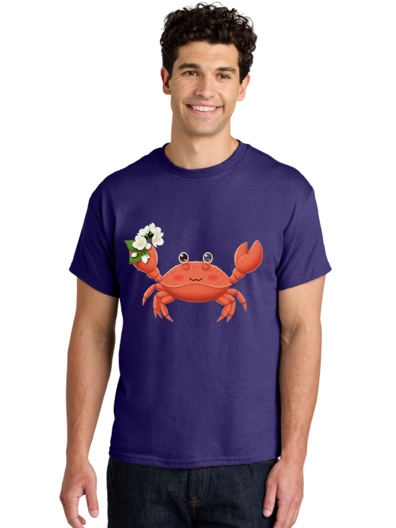 Crab-With-Flowers-2 Men'S Graphic Tee, 100% Cotton, Comfortable Casual Summer Wear, Machine Washable, Cartoon Crab, Pink Crustacean, White Flowers, Green Leaves, Playful Character, Cute Illustration, Kawaii Art, Smiling Crab, Floral Claw, Bae165