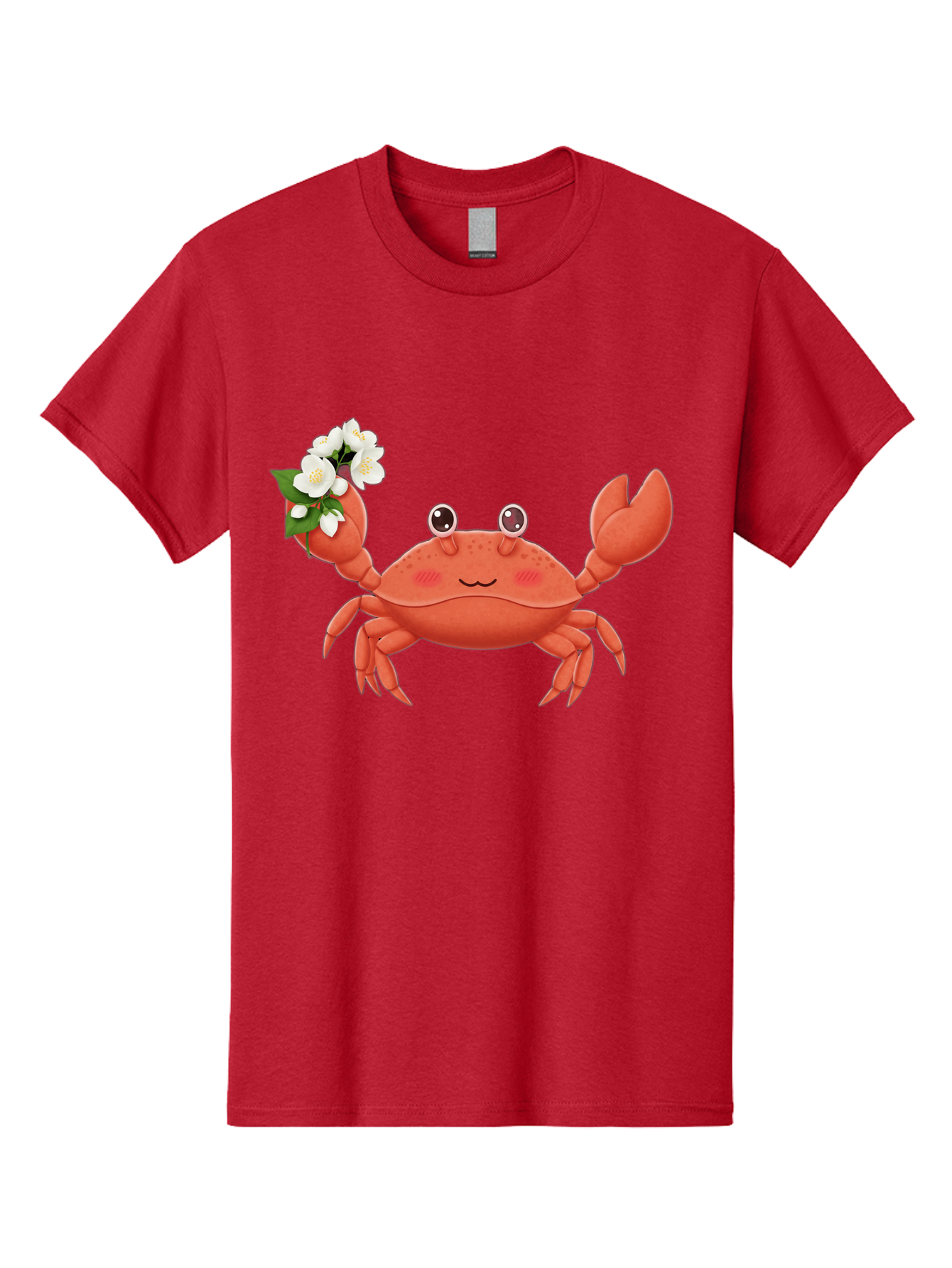 Crab-With-Flowers-2 Men'S Graphic Tee, 100% Cotton, Comfortable Casual Summer Wear, Machine Washable, Cartoon Crab, Pink Crustacean, White Flowers, Green Leaves, Playful Character, Cute Illustration, Kawaii Art, Smiling Crab, Floral Claw, Bae165