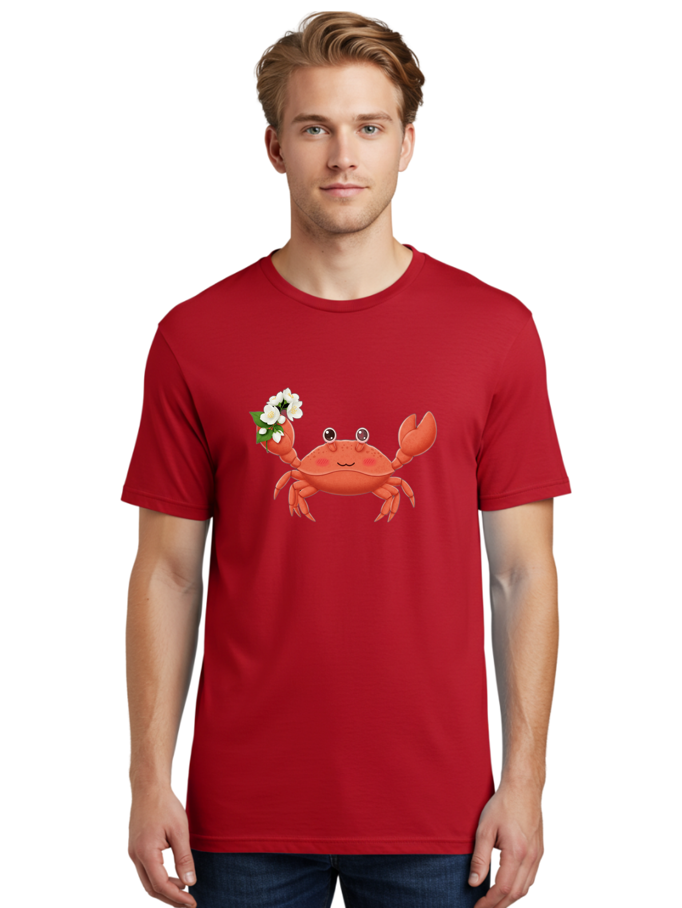 Crab-With-Flowers-2 Men'S Graphic Tee, 100% Cotton, Comfortable Casual Summer Wear, Machine Washable, Cartoon Crab, Pink Crustacean, White Flowers, Green Leaves, Playful Character, Cute Illustration, Kawaii Art, Smiling Crab, Floral Claw, Bae165