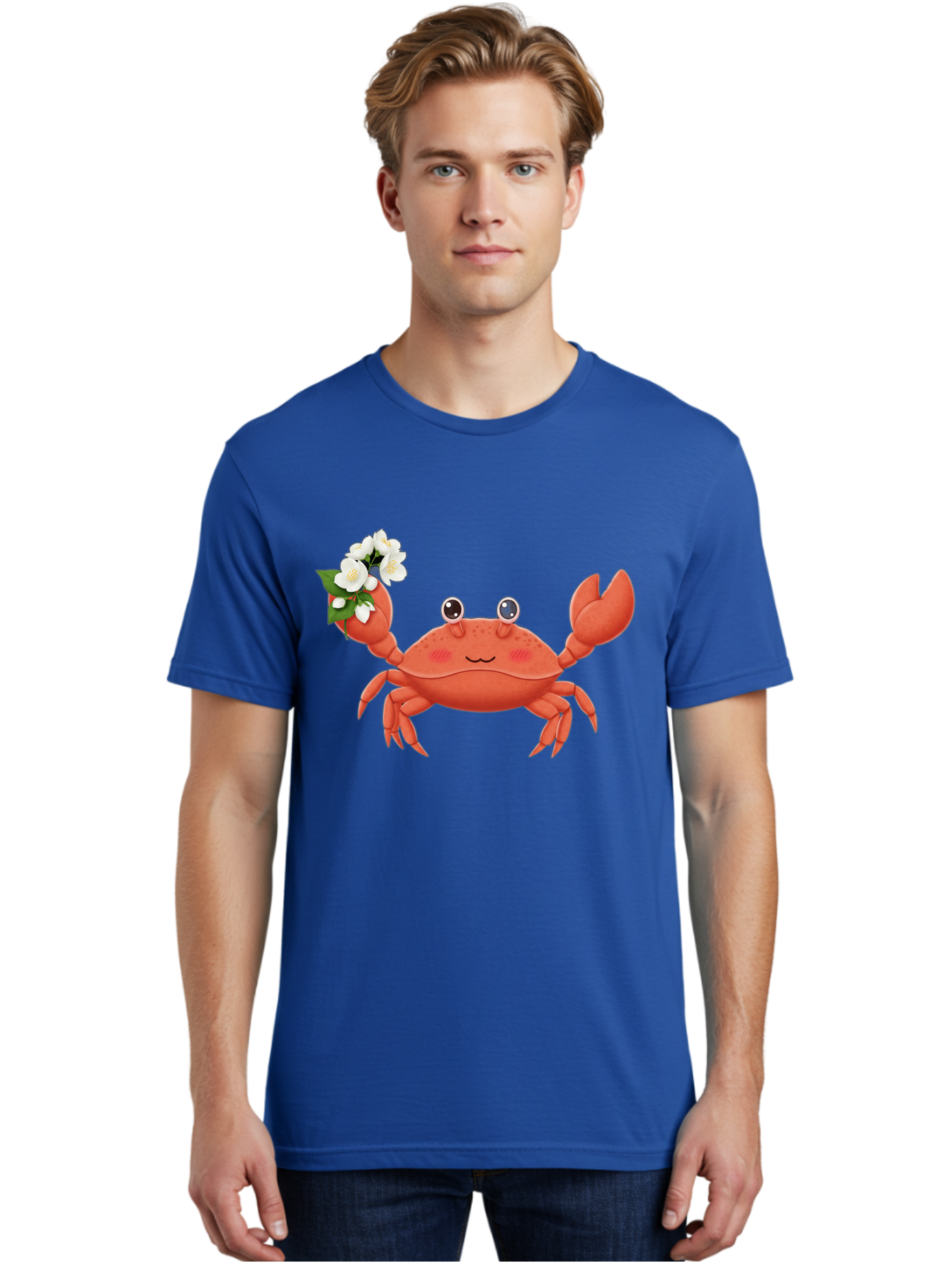 Crab-With-Flowers-2 Men'S Graphic Tee, 100% Cotton, Comfortable Casual Summer Wear, Machine Washable, Cartoon Crab, Pink Crustacean, White Flowers, Green Leaves, Playful Character, Cute Illustration, Kawaii Art, Smiling Crab, Floral Claw, Bae165