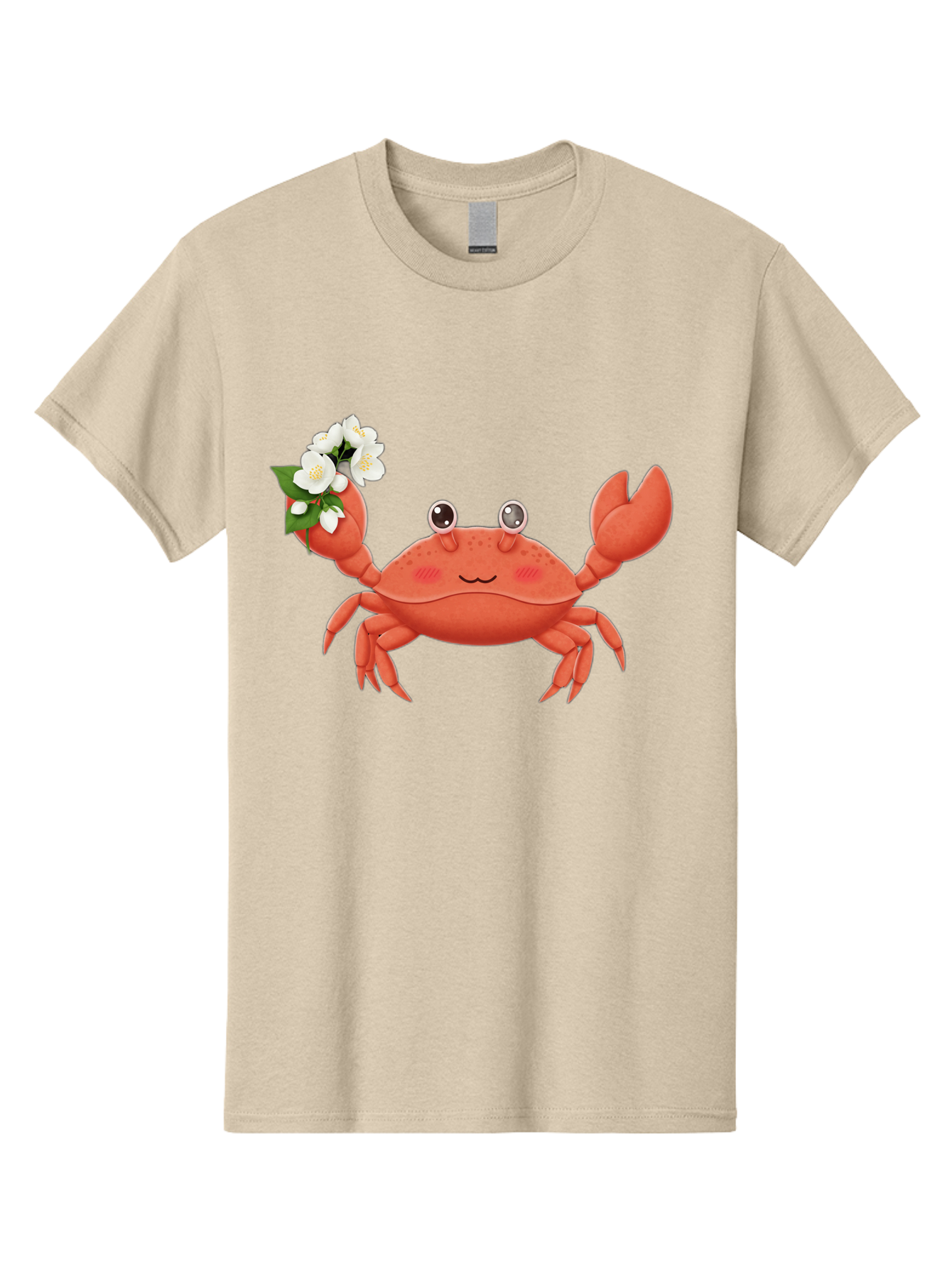 Crab-With-Flowers-2 Men'S Graphic Tee, 100% Cotton, Comfortable Casual Summer Wear, Machine Washable, Cartoon Crab, Pink Crustacean, White Flowers, Green Leaves, Playful Character, Cute Illustration, Kawaii Art, Smiling Crab, Floral Claw, Bae165
