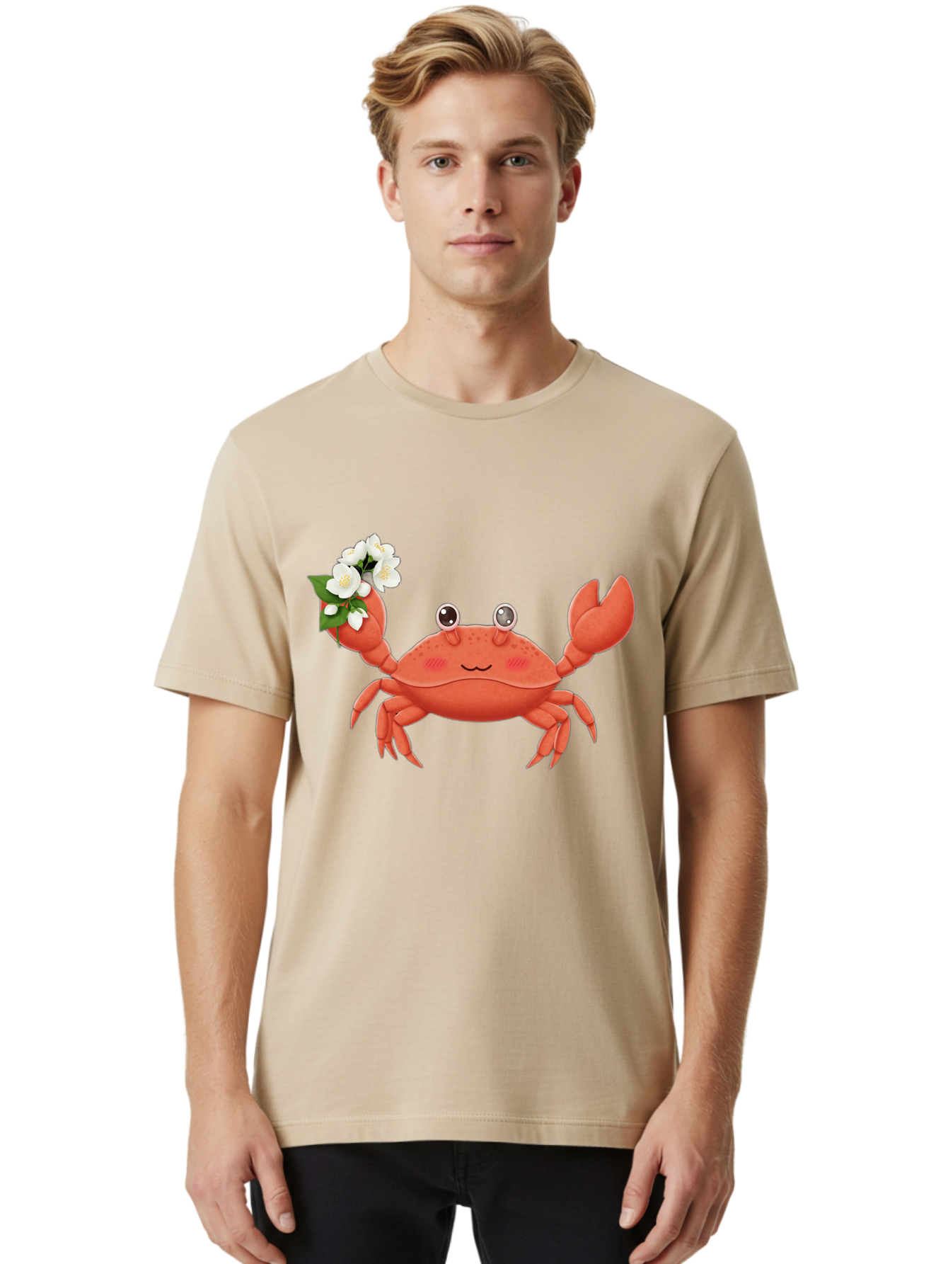 Crab-With-Flowers-2 Men'S Graphic Tee, 100% Cotton, Comfortable Casual Summer Wear, Machine Washable, Cartoon Crab, Pink Crustacean, White Flowers, Green Leaves, Playful Character, Cute Illustration, Kawaii Art, Smiling Crab, Floral Claw, Bae165