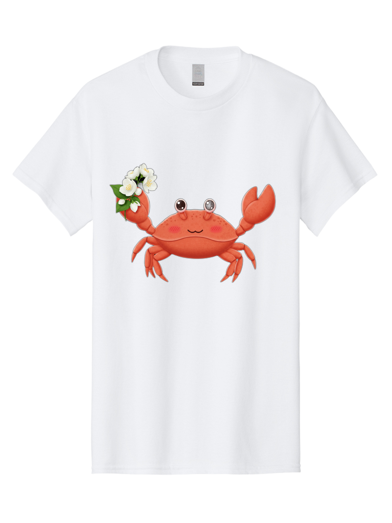 Crab-With-Flowers-2 Men'S Graphic Tee, 100% Cotton, Comfortable Casual Summer Wear, Machine Washable, Cartoon Crab, Pink Crustacean, White Flowers, Green Leaves, Playful Character, Cute Illustration, Kawaii Art, Smiling Crab, Floral Claw, Bae165