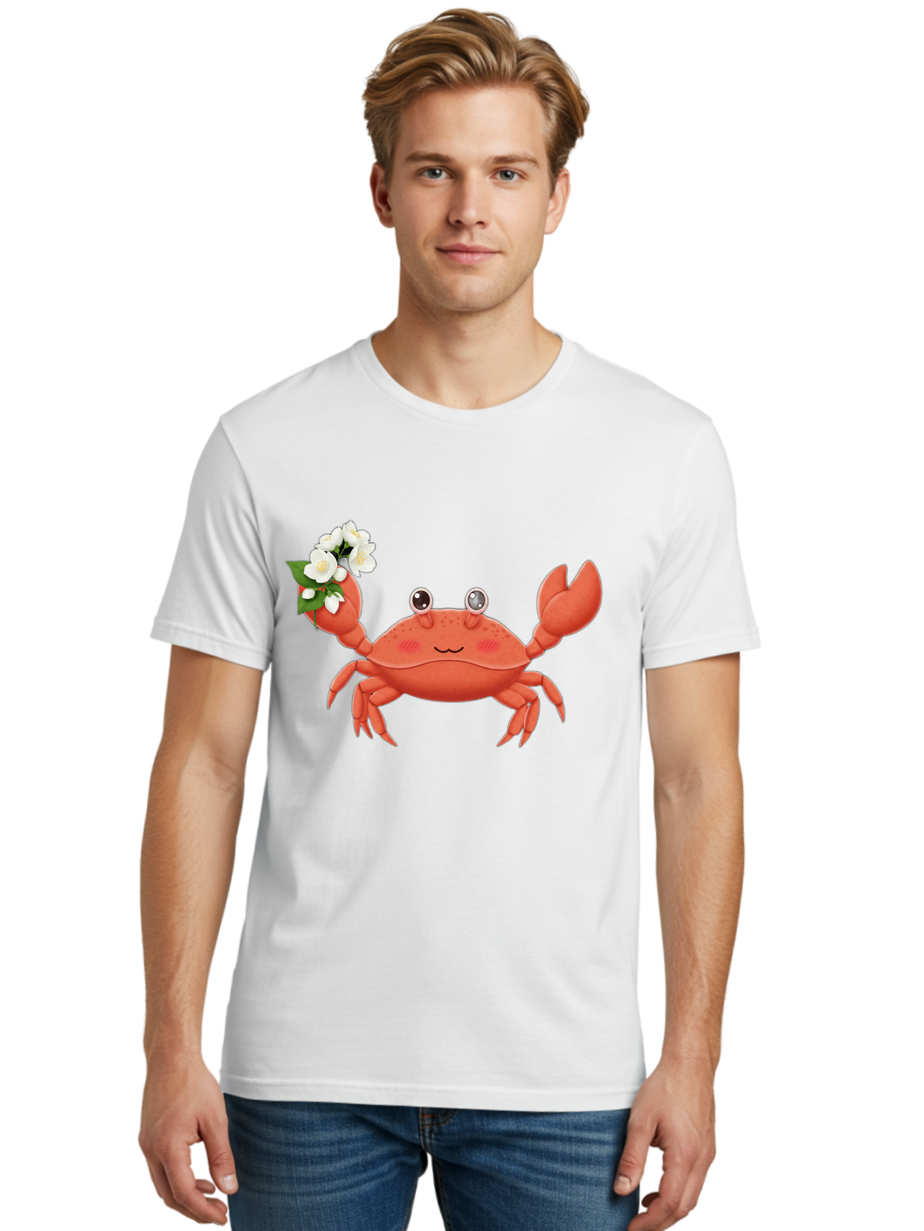 Crab-With-Flowers-2 Men'S Graphic Tee, 100% Cotton, Comfortable Casual Summer Wear, Machine Washable, Cartoon Crab, Pink Crustacean, White Flowers, Green Leaves, Playful Character, Cute Illustration, Kawaii Art, Smiling Crab, Floral Claw, Bae165