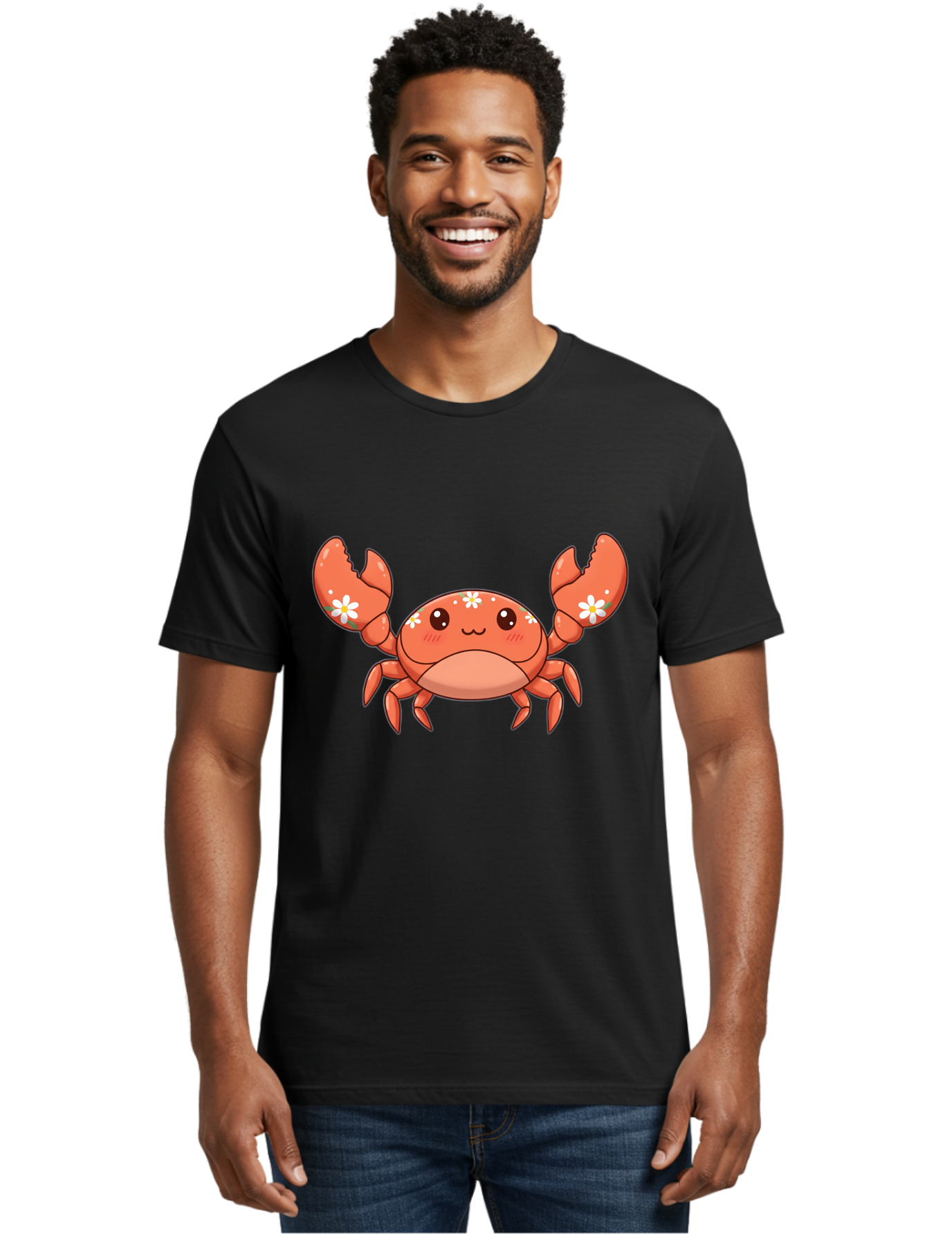 Crab-With-Flowers Men'S Graphic Tee, 100% Cotton, Comfortable Casual Summer Wear, Machine Washable, Cartoon Crab, Orange Crustacean, White Flowers, Cute Crustacean, Kawaii Art, Crab Illustration, Digital Artwork, Charming Character Bae166