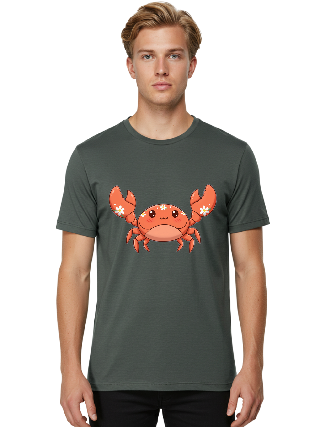 Crab-With-Flowers Men'S Graphic Tee, 100% Cotton, Comfortable Casual Summer Wear, Machine Washable, Cartoon Crab, Orange Crustacean, White Flowers, Cute Crustacean, Kawaii Art, Crab Illustration, Digital Artwork, Charming Character Bae166