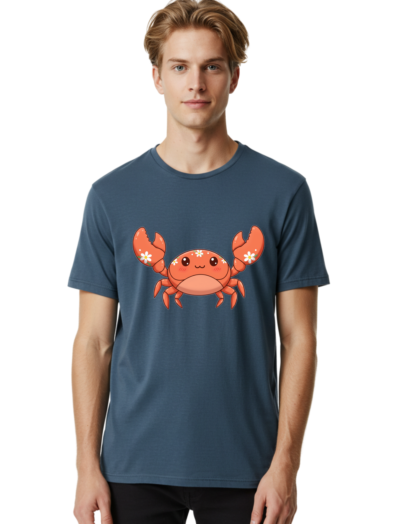 Crab-With-Flowers Men'S Graphic Tee, 100% Cotton, Comfortable Casual Summer Wear, Machine Washable, Cartoon Crab, Orange Crustacean, White Flowers, Cute Crustacean, Kawaii Art, Crab Illustration, Digital Artwork, Charming Character Bae166