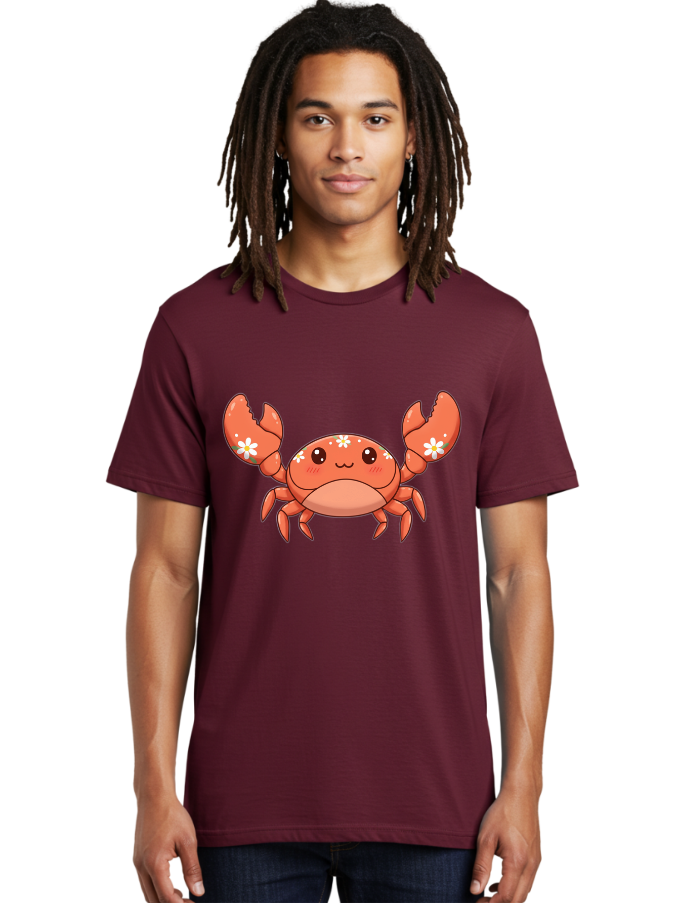Crab-With-Flowers Men'S Graphic Tee, 100% Cotton, Comfortable Casual Summer Wear, Machine Washable, Cartoon Crab, Orange Crustacean, White Flowers, Cute Crustacean, Kawaii Art, Crab Illustration, Digital Artwork, Charming Character Bae166
