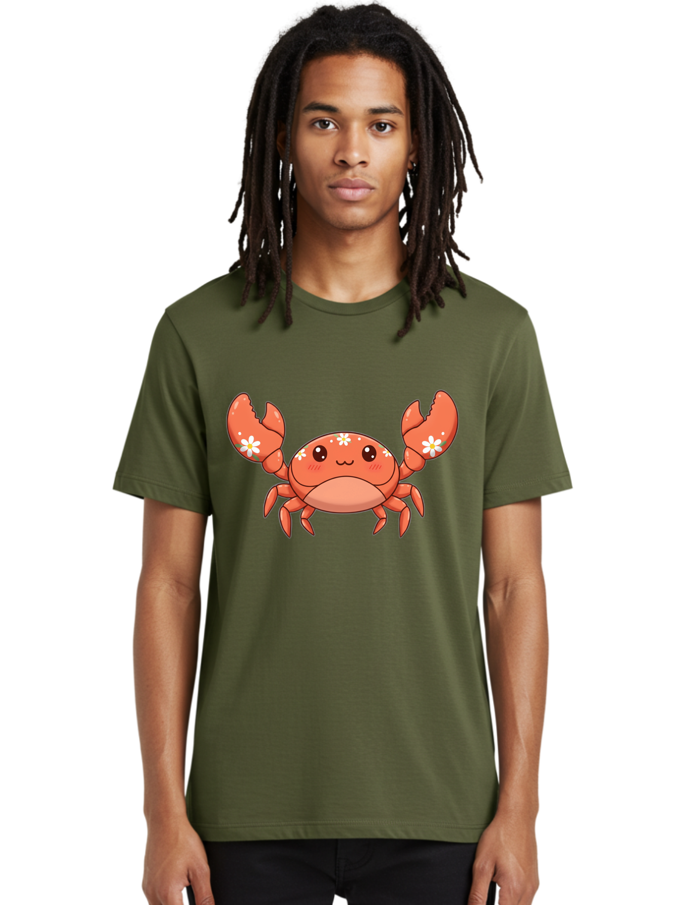 Crab-With-Flowers Men'S Graphic Tee, 100% Cotton, Comfortable Casual Summer Wear, Machine Washable, Cartoon Crab, Orange Crustacean, White Flowers, Cute Crustacean, Kawaii Art, Crab Illustration, Digital Artwork, Charming Character Bae166