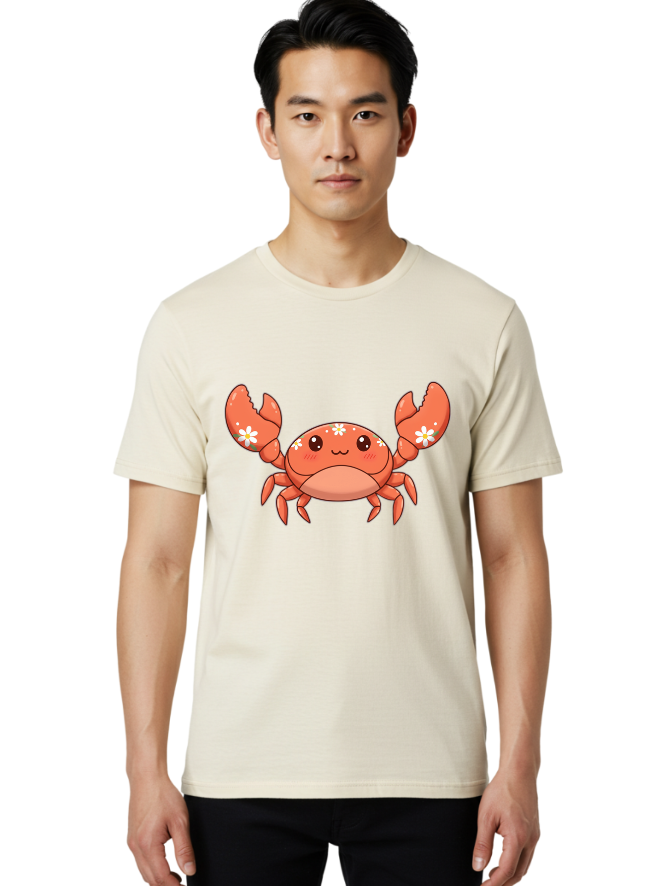 Crab-With-Flowers Men'S Graphic Tee, 100% Cotton, Comfortable Casual Summer Wear, Machine Washable, Cartoon Crab, Orange Crustacean, White Flowers, Cute Crustacean, Kawaii Art, Crab Illustration, Digital Artwork, Charming Character Bae166