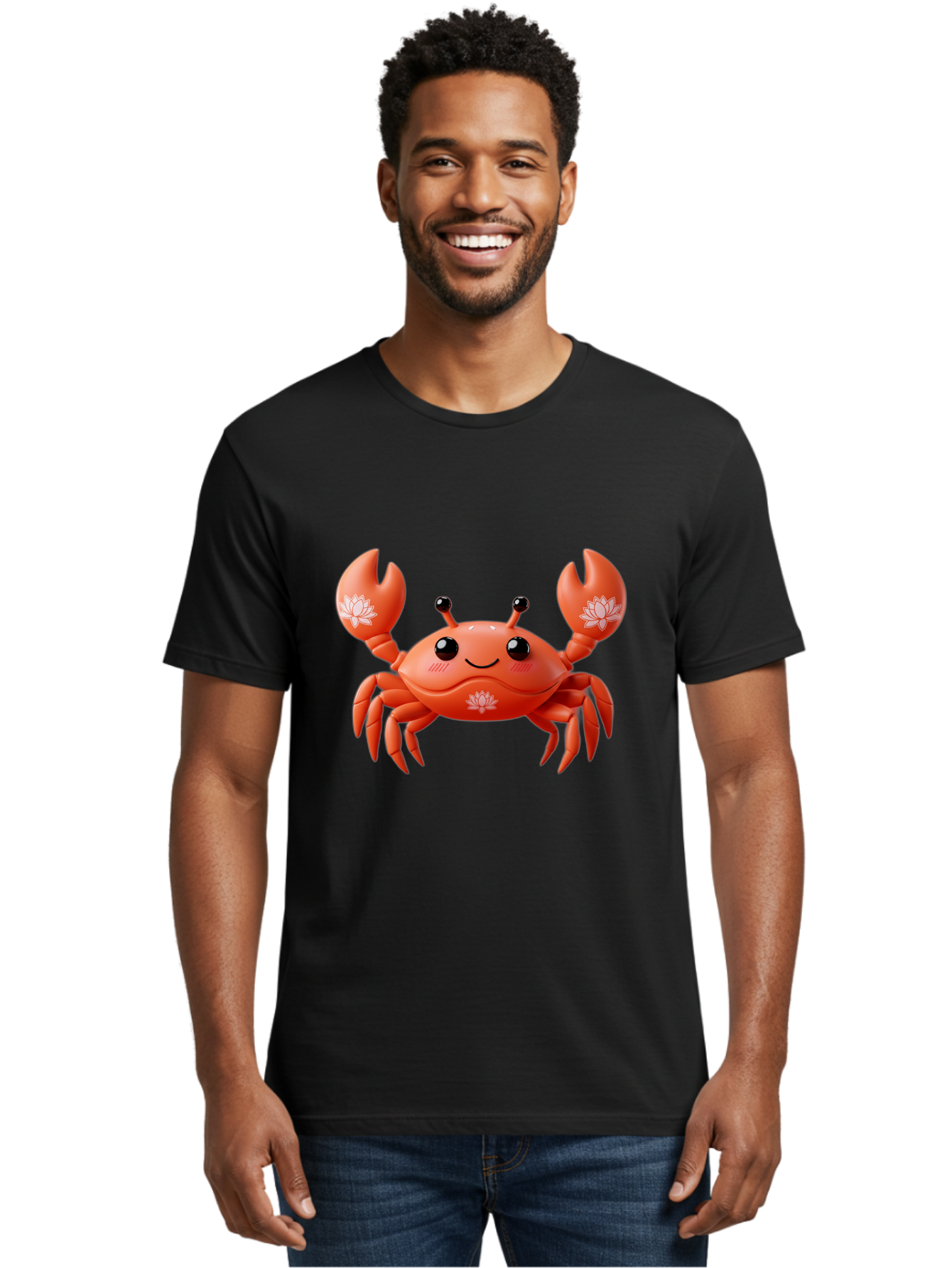 Crab Men'S Graphic Tee, 100% Cotton, Comfortable Casual Summer Wear, Machine Washable, Smiling Crab, Lotus Flower Designs, Cartoon Crustacean, Orange Shellfish, Kawaii Character, Digital Illustration, Sea Creature, Cheerful Animal, Bae167