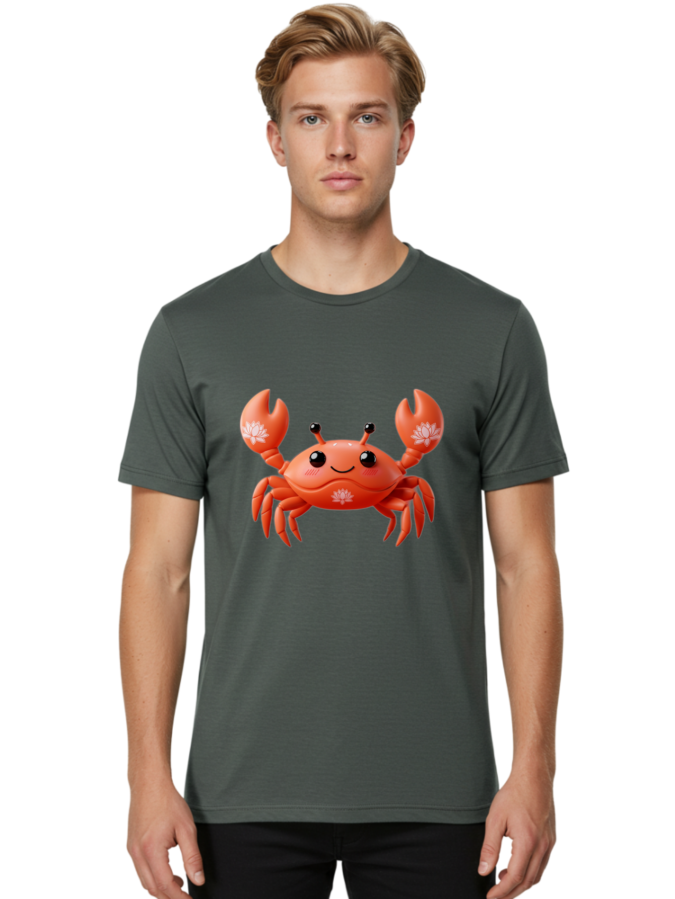 Crab Men'S Graphic Tee, 100% Cotton, Comfortable Casual Summer Wear, Machine Washable, Smiling Crab, Lotus Flower Designs, Cartoon Crustacean, Orange Shellfish, Kawaii Character, Digital Illustration, Sea Creature, Cheerful Animal, Bae167