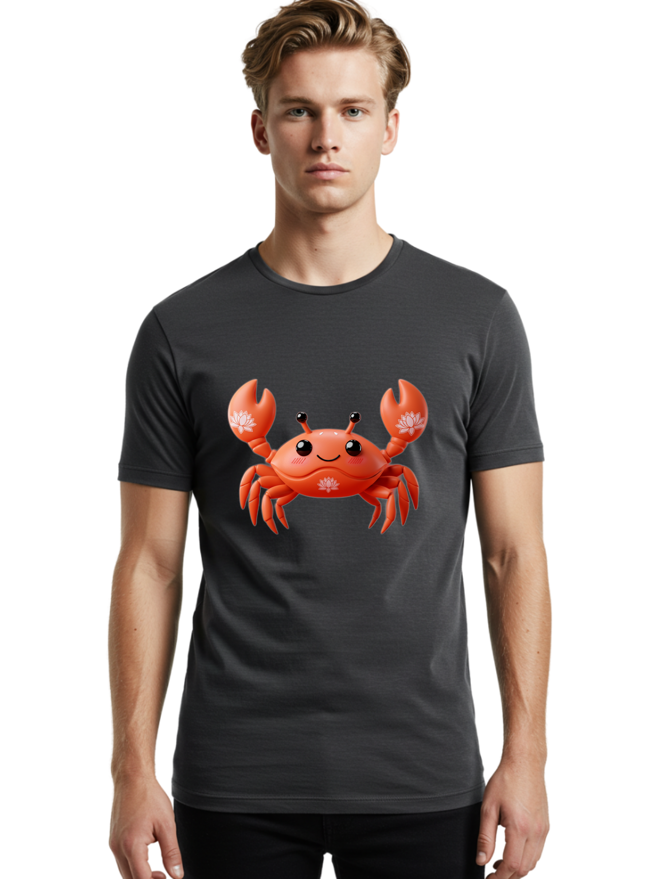 Crab Men'S Graphic Tee, 100% Cotton, Comfortable Casual Summer Wear, Machine Washable, Smiling Crab, Lotus Flower Designs, Cartoon Crustacean, Orange Shellfish, Kawaii Character, Digital Illustration, Sea Creature, Cheerful Animal, Bae167