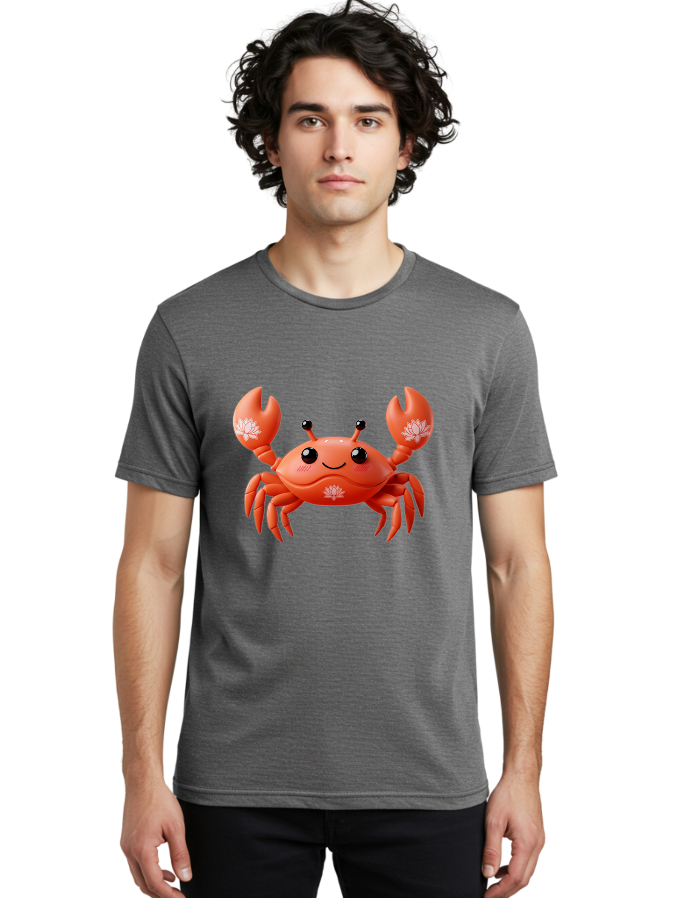 Crab Men'S Graphic Tee, 100% Cotton, Comfortable Casual Summer Wear, Machine Washable, Smiling Crab, Lotus Flower Designs, Cartoon Crustacean, Orange Shellfish, Kawaii Character, Digital Illustration, Sea Creature, Cheerful Animal, Bae167