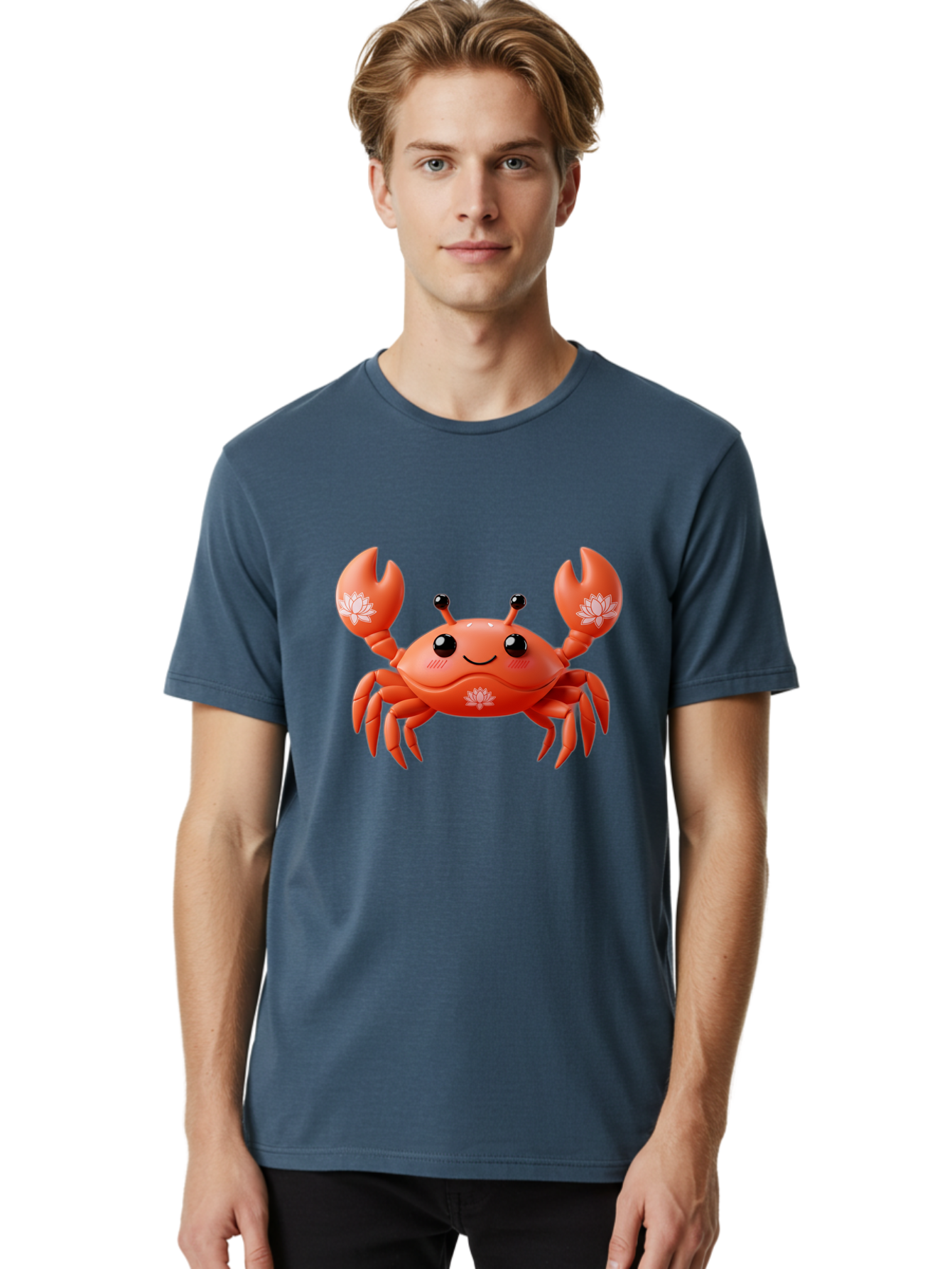 Crab Men'S Graphic Tee, 100% Cotton, Comfortable Casual Summer Wear, Machine Washable, Smiling Crab, Lotus Flower Designs, Cartoon Crustacean, Orange Shellfish, Kawaii Character, Digital Illustration, Sea Creature, Cheerful Animal, Bae167