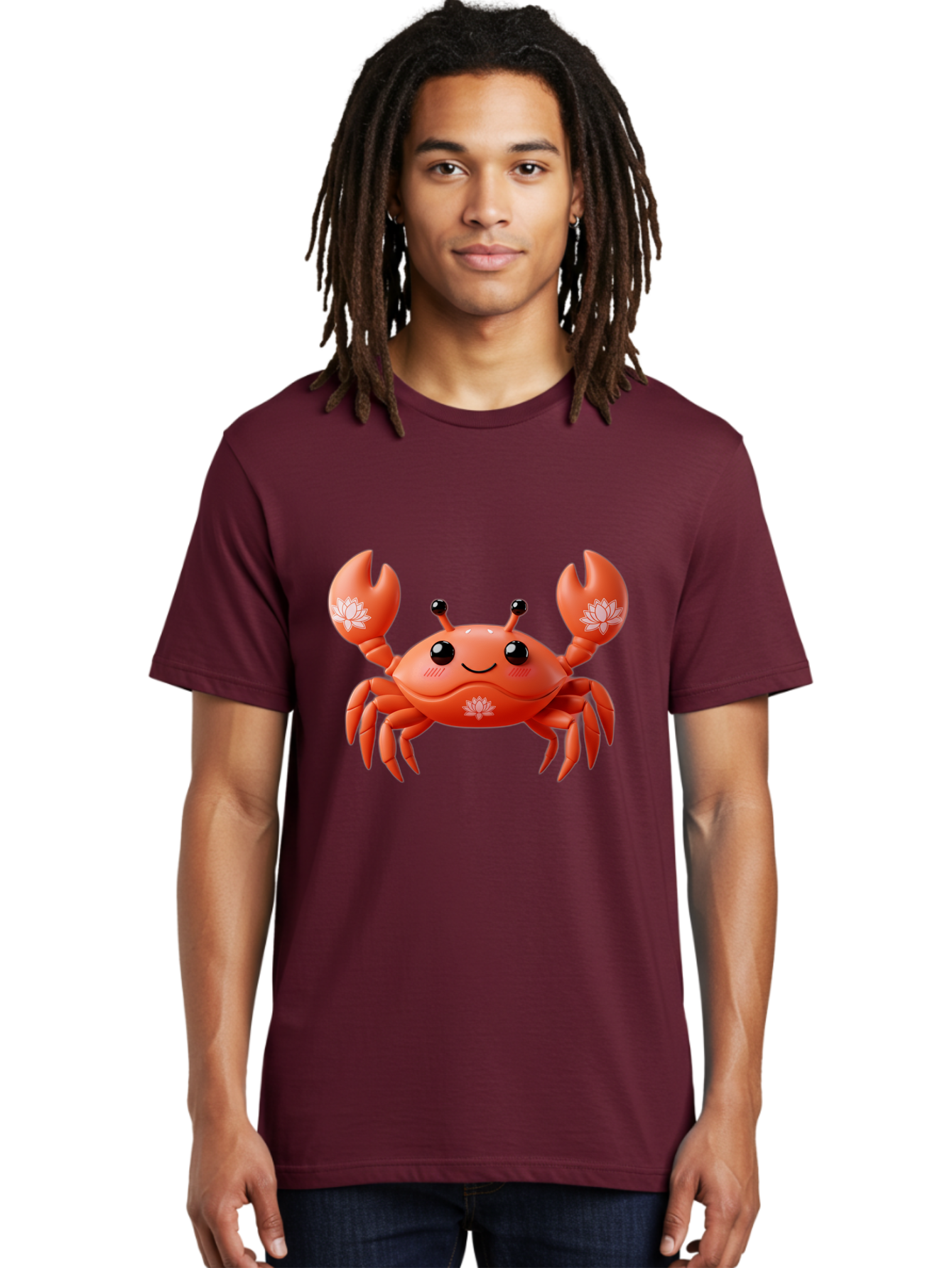 Crab Men'S Graphic Tee, 100% Cotton, Comfortable Casual Summer Wear, Machine Washable, Smiling Crab, Lotus Flower Designs, Cartoon Crustacean, Orange Shellfish, Kawaii Character, Digital Illustration, Sea Creature, Cheerful Animal, Bae167