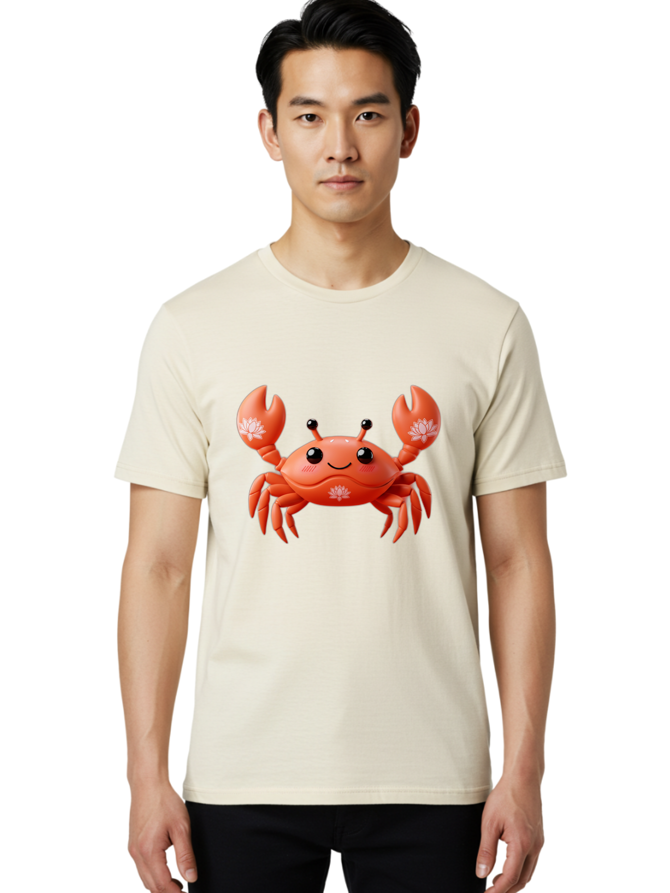 Crab Men'S Graphic Tee, 100% Cotton, Comfortable Casual Summer Wear, Machine Washable, Smiling Crab, Lotus Flower Designs, Cartoon Crustacean, Orange Shellfish, Kawaii Character, Digital Illustration, Sea Creature, Cheerful Animal, Bae167