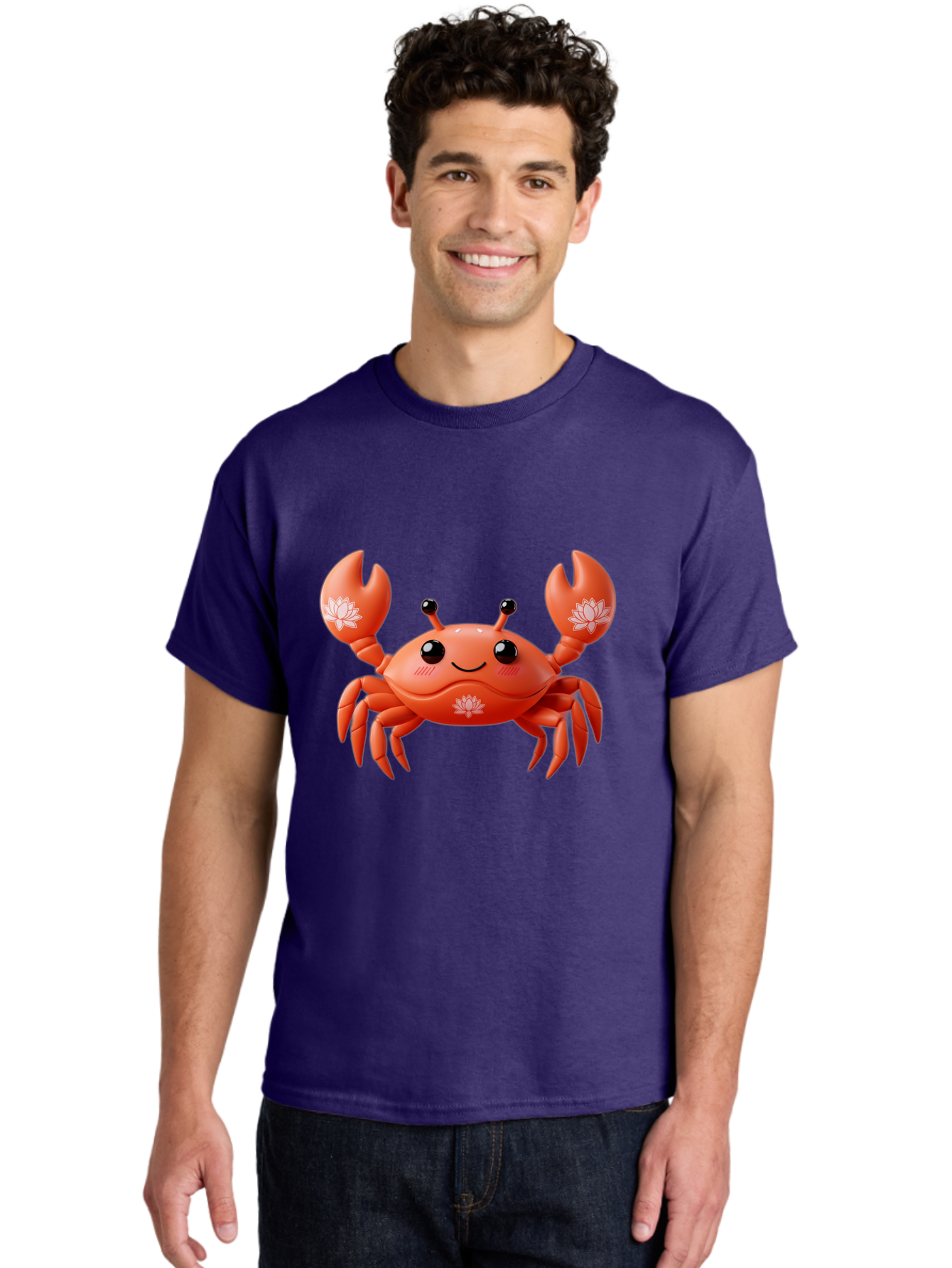 Crab Men'S Graphic Tee, 100% Cotton, Comfortable Casual Summer Wear, Machine Washable, Smiling Crab, Lotus Flower Designs, Cartoon Crustacean, Orange Shellfish, Kawaii Character, Digital Illustration, Sea Creature, Cheerful Animal, Bae167