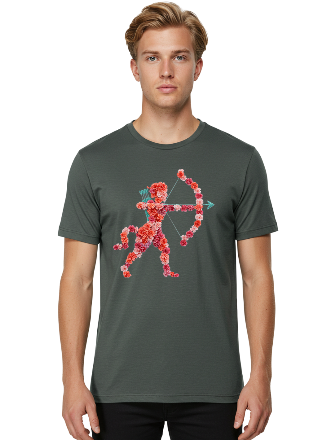 Cupid Men'S Graphic Tee, 100% Cotton, Comfortable Casual Summer Wear, Machine Washable, Cupid Made Of Flowers, Floral Art, Cute Cupid, Flower Power, Love Symbol, Valentine'S Day, Romance, Bow And Arrow, Pink Roses Bae168