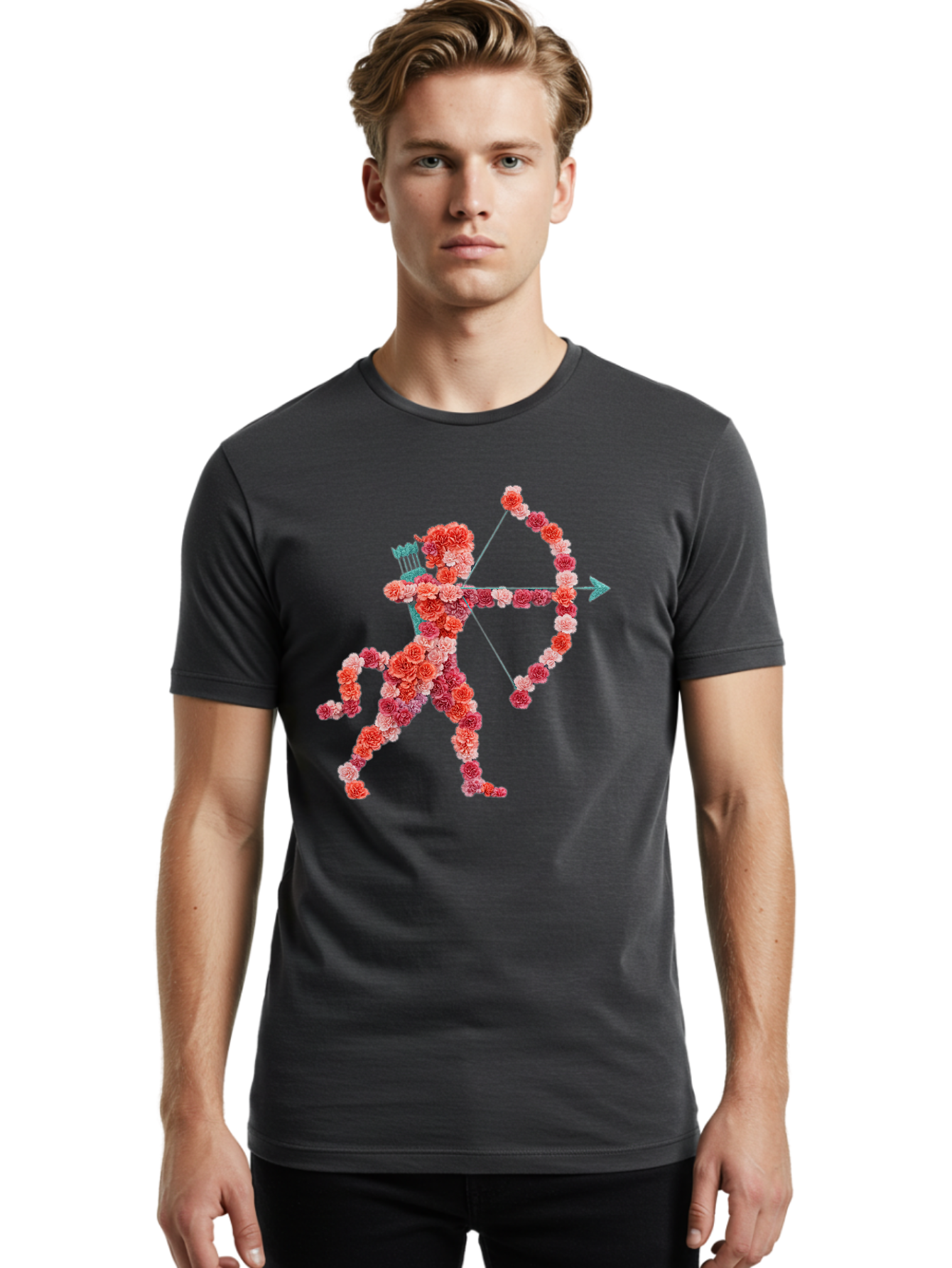 Cupid Men'S Graphic Tee, 100% Cotton, Comfortable Casual Summer Wear, Machine Washable, Cupid Made Of Flowers, Floral Art, Cute Cupid, Flower Power, Love Symbol, Valentine'S Day, Romance, Bow And Arrow, Pink Roses Bae168