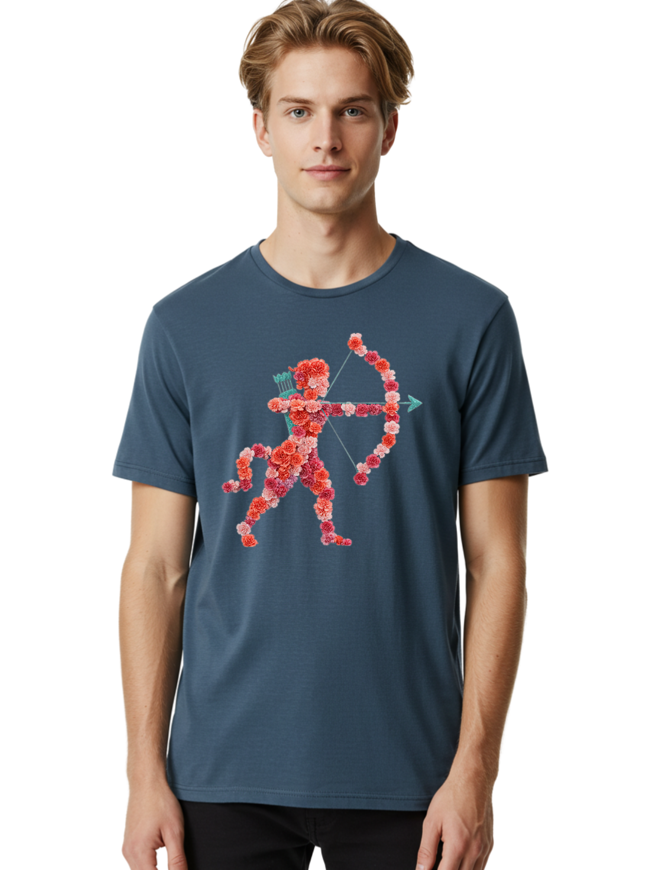 Cupid Men'S Graphic Tee, 100% Cotton, Comfortable Casual Summer Wear, Machine Washable, Cupid Made Of Flowers, Floral Art, Cute Cupid, Flower Power, Love Symbol, Valentine'S Day, Romance, Bow And Arrow, Pink Roses Bae168