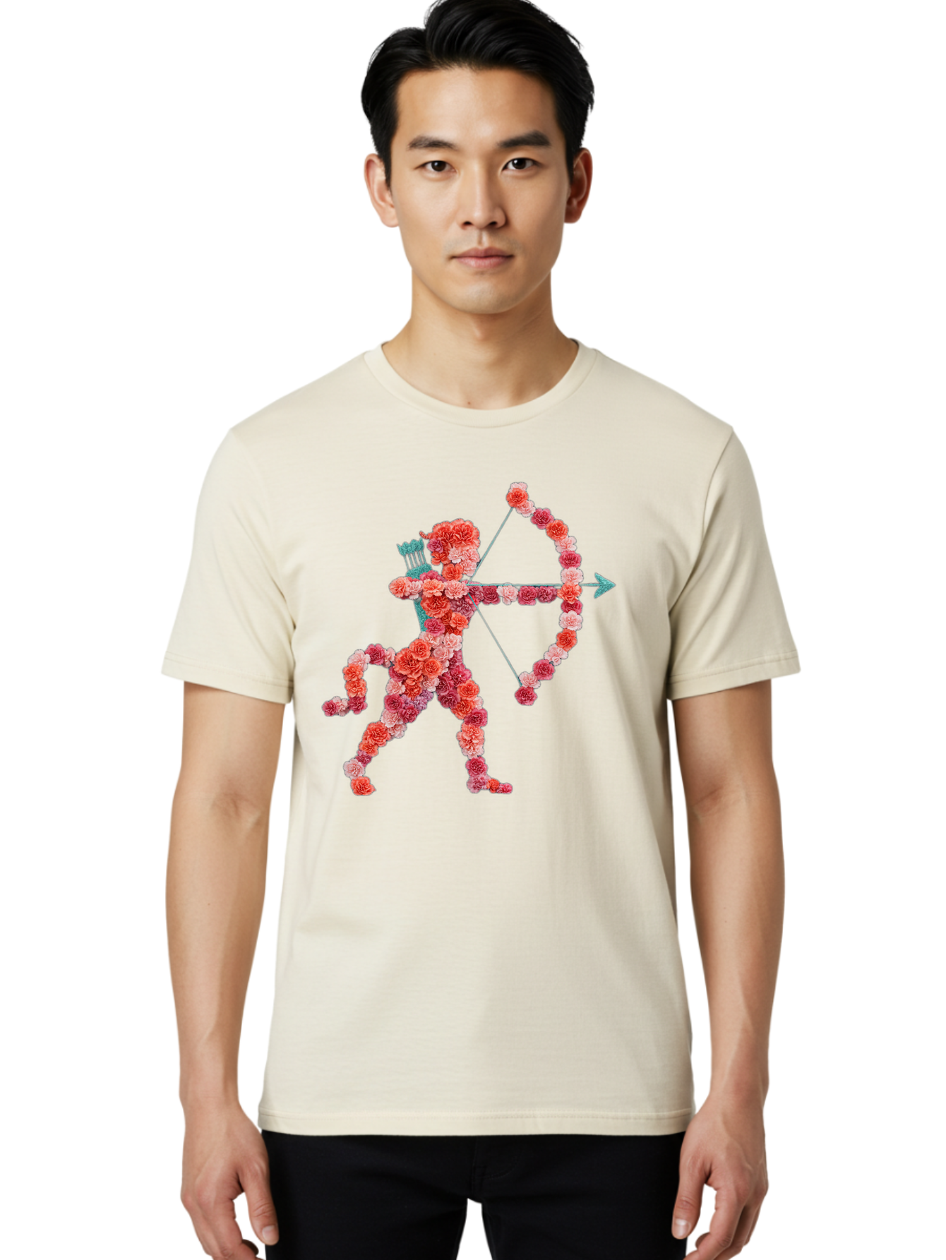 Cupid Men'S Graphic Tee, 100% Cotton, Comfortable Casual Summer Wear, Machine Washable, Cupid Made Of Flowers, Floral Art, Cute Cupid, Flower Power, Love Symbol, Valentine'S Day, Romance, Bow And Arrow, Pink Roses Bae168