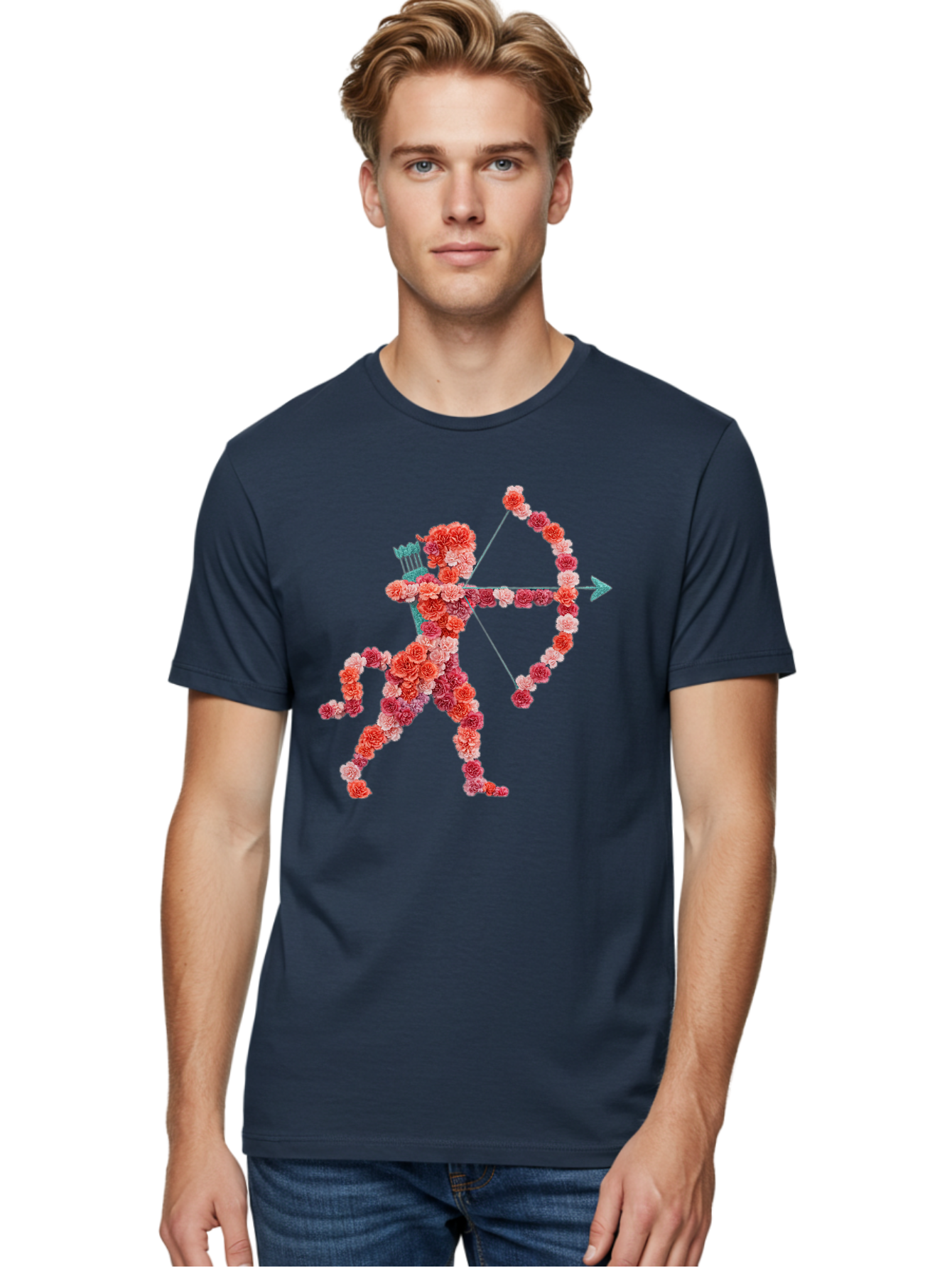 Cupid Men'S Graphic Tee, 100% Cotton, Comfortable Casual Summer Wear, Machine Washable, Cupid Made Of Flowers, Floral Art, Cute Cupid, Flower Power, Love Symbol, Valentine'S Day, Romance, Bow And Arrow, Pink Roses Bae168