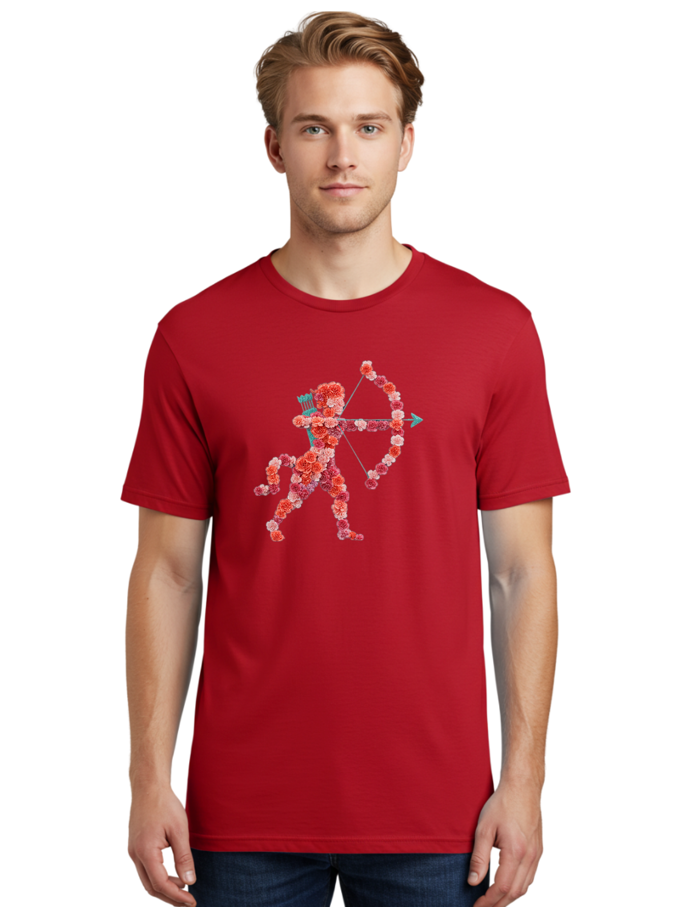 Cupid Men'S Graphic Tee, 100% Cotton, Comfortable Casual Summer Wear, Machine Washable, Cupid Made Of Flowers, Floral Art, Cute Cupid, Flower Power, Love Symbol, Valentine'S Day, Romance, Bow And Arrow, Pink Roses Bae168