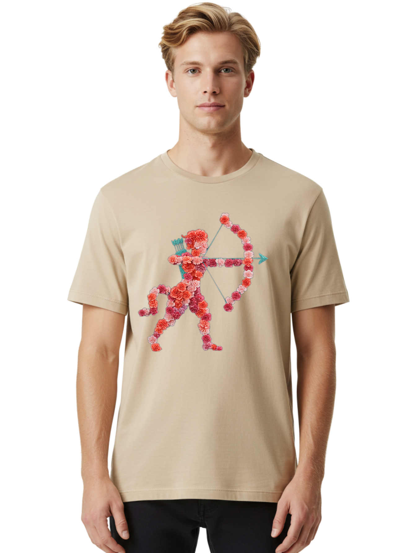 Cupid Men'S Graphic Tee, 100% Cotton, Comfortable Casual Summer Wear, Machine Washable, Cupid Made Of Flowers, Floral Art, Cute Cupid, Flower Power, Love Symbol, Valentine'S Day, Romance, Bow And Arrow, Pink Roses Bae168