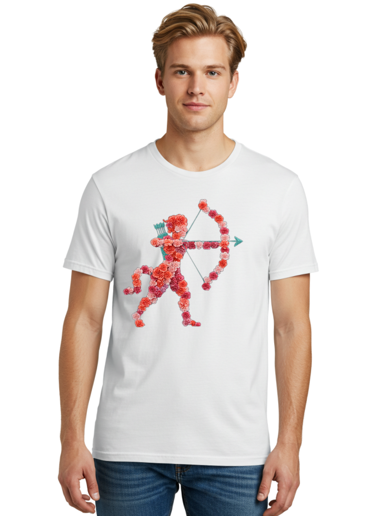 Cupid Men'S Graphic Tee, 100% Cotton, Comfortable Casual Summer Wear, Machine Washable, Cupid Made Of Flowers, Floral Art, Cute Cupid, Flower Power, Love Symbol, Valentine'S Day, Romance, Bow And Arrow, Pink Roses Bae168