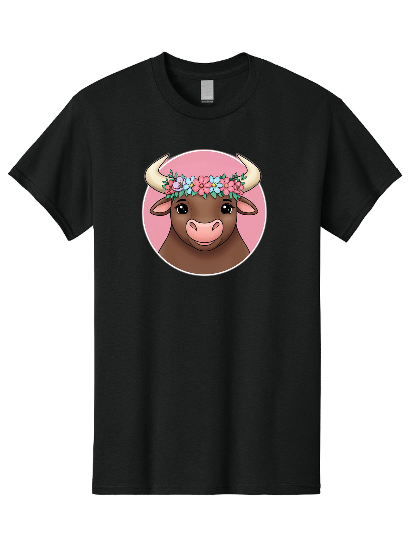 Cute-Bull-With-Flowers Men'S Graphic Tee, 100% Cotton, Comfortable Casual Summer Wear, Machine Washable, Cartoon Bull, Floral Wreath, Cute Animal, Pastel Colors, Adorable Illustration, Charming Design, Whimsical Art, Lovely Cow, Bae169