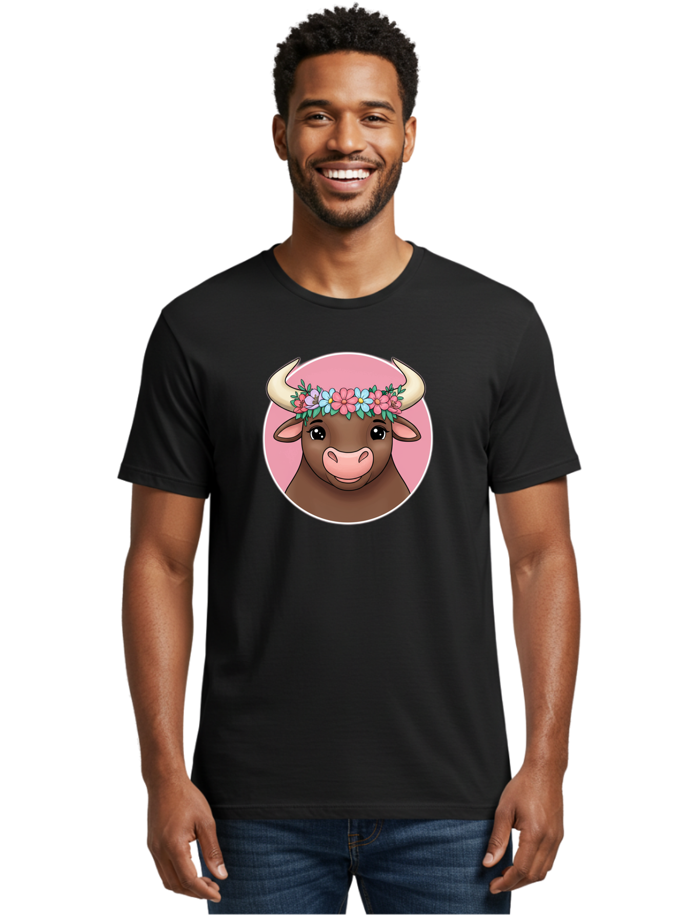 Cute-Bull-With-Flowers Men'S Graphic Tee, 100% Cotton, Comfortable Casual Summer Wear, Machine Washable, Cartoon Bull, Floral Wreath, Cute Animal, Pastel Colors, Adorable Illustration, Charming Design, Whimsical Art, Lovely Cow, Bae169