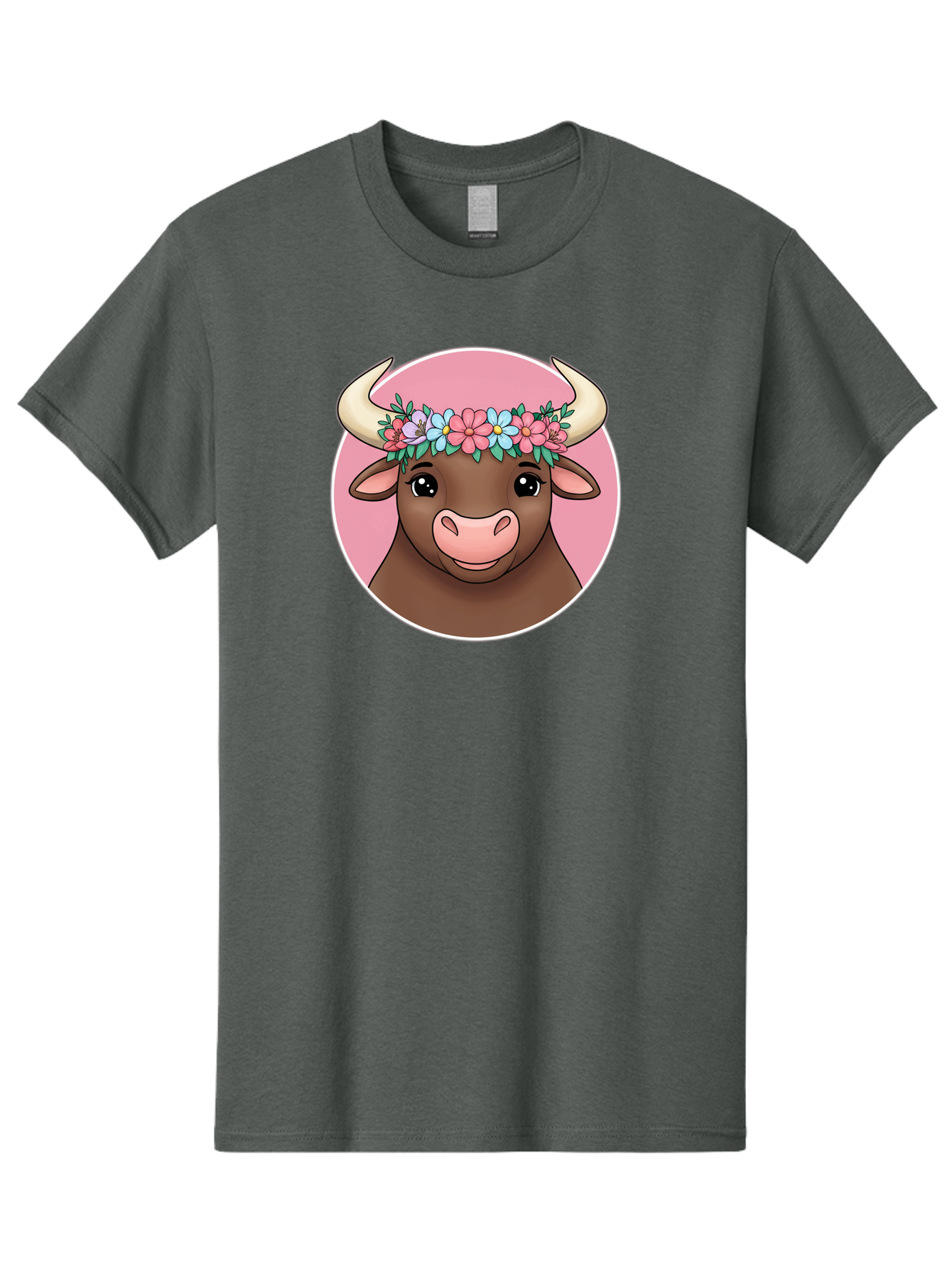 Cute-Bull-With-Flowers Men'S Graphic Tee, 100% Cotton, Comfortable Casual Summer Wear, Machine Washable, Cartoon Bull, Floral Wreath, Cute Animal, Pastel Colors, Adorable Illustration, Charming Design, Whimsical Art, Lovely Cow, Bae169